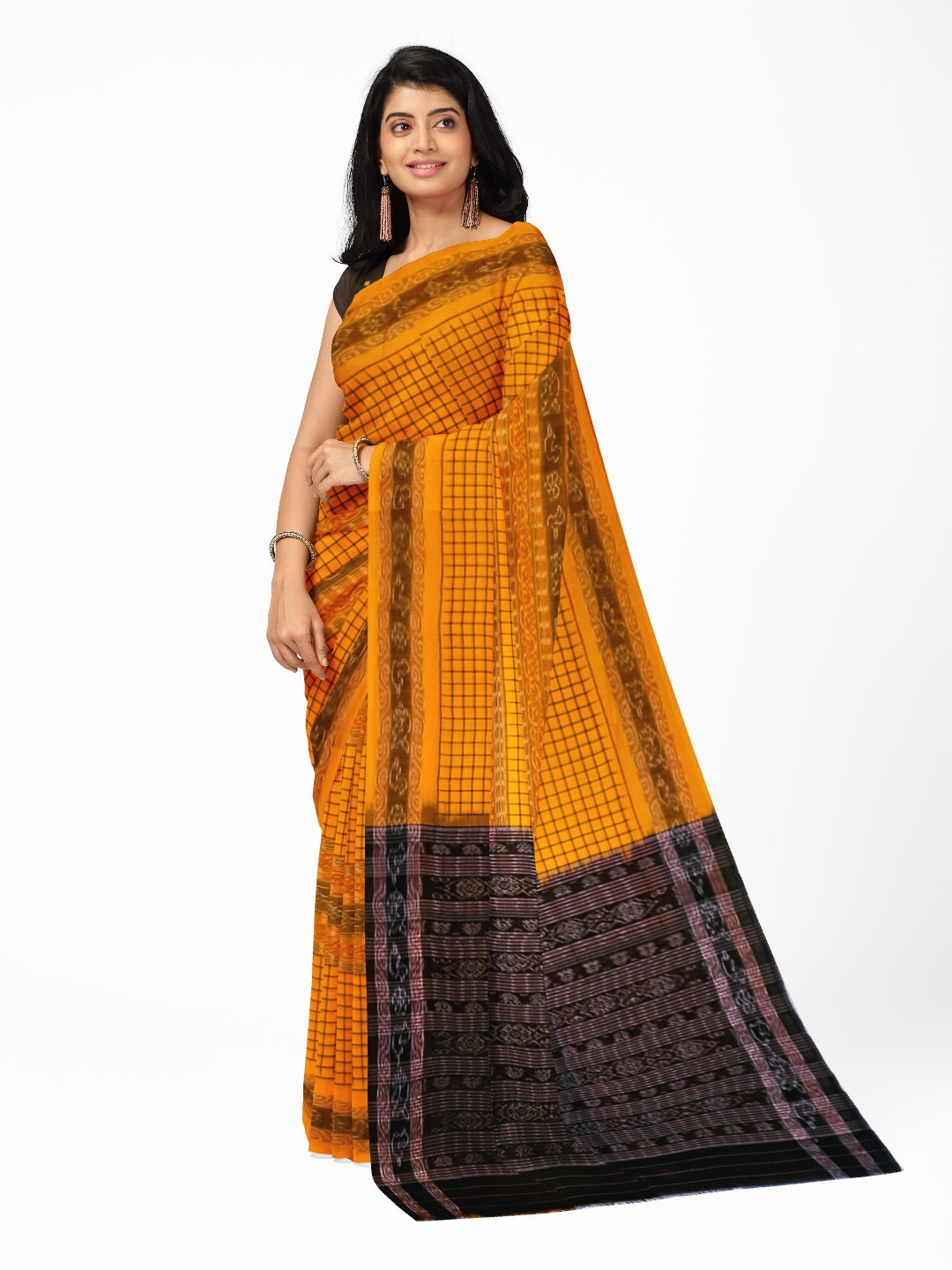Yellow Sambalpuri Sachipar Cotton Saree with cotton ikat blouse piece