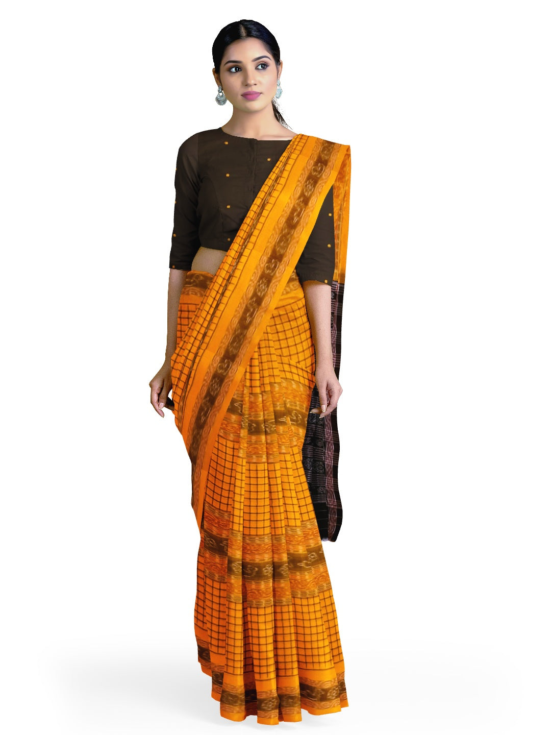 Yellow Sambalpuri Sachipar Cotton Saree with cotton ikat blouse piece