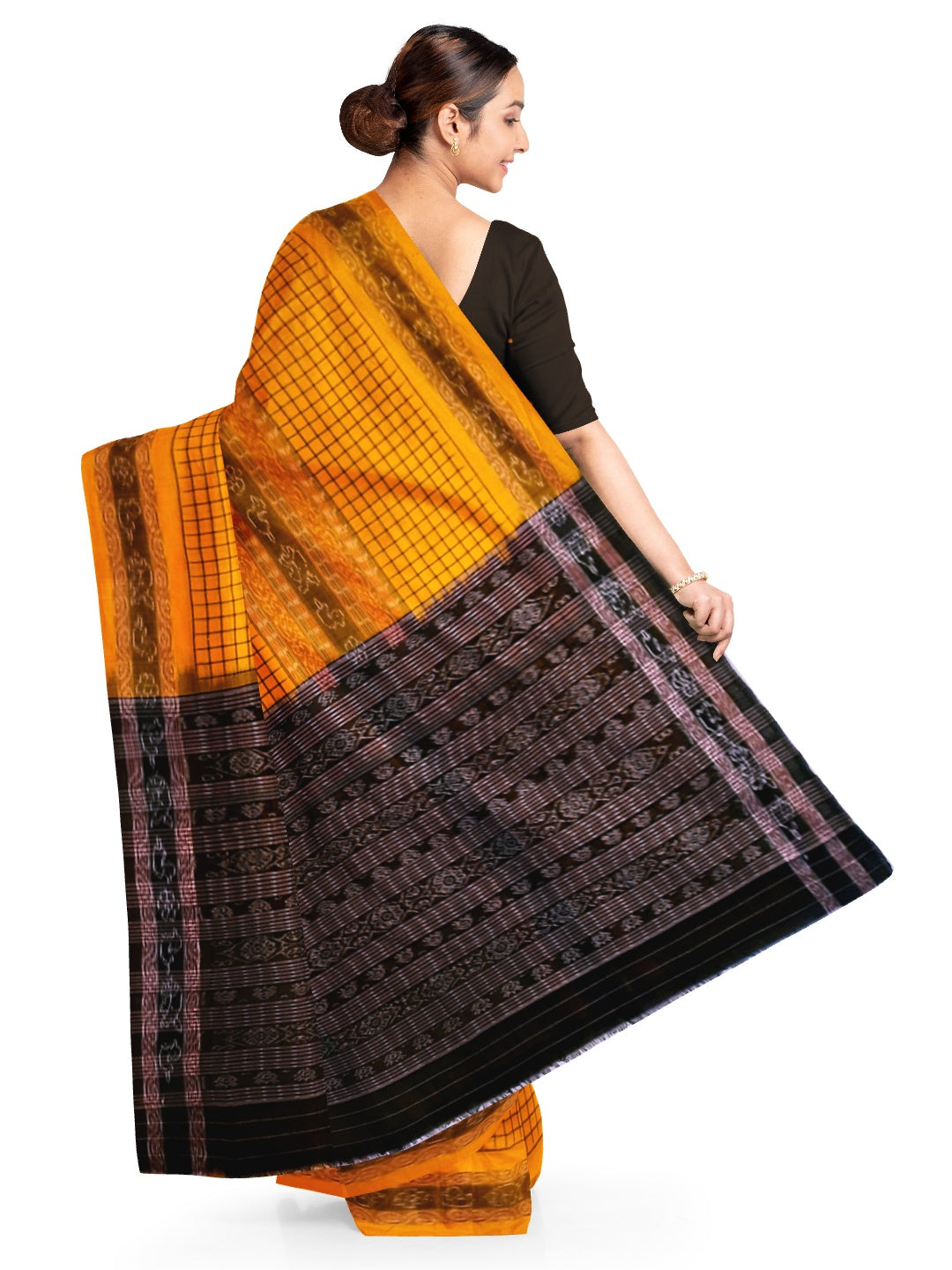 Yellow Sambalpuri Sachipar Cotton Saree with cotton ikat blouse piece