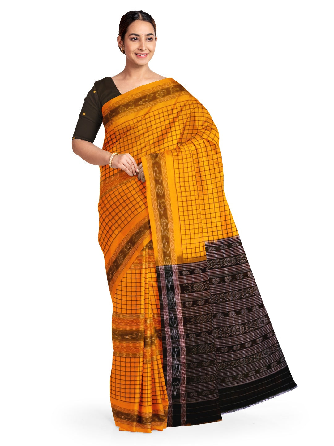 Yellow Sambalpuri Sachipar Cotton Saree with cotton ikat blouse piece
