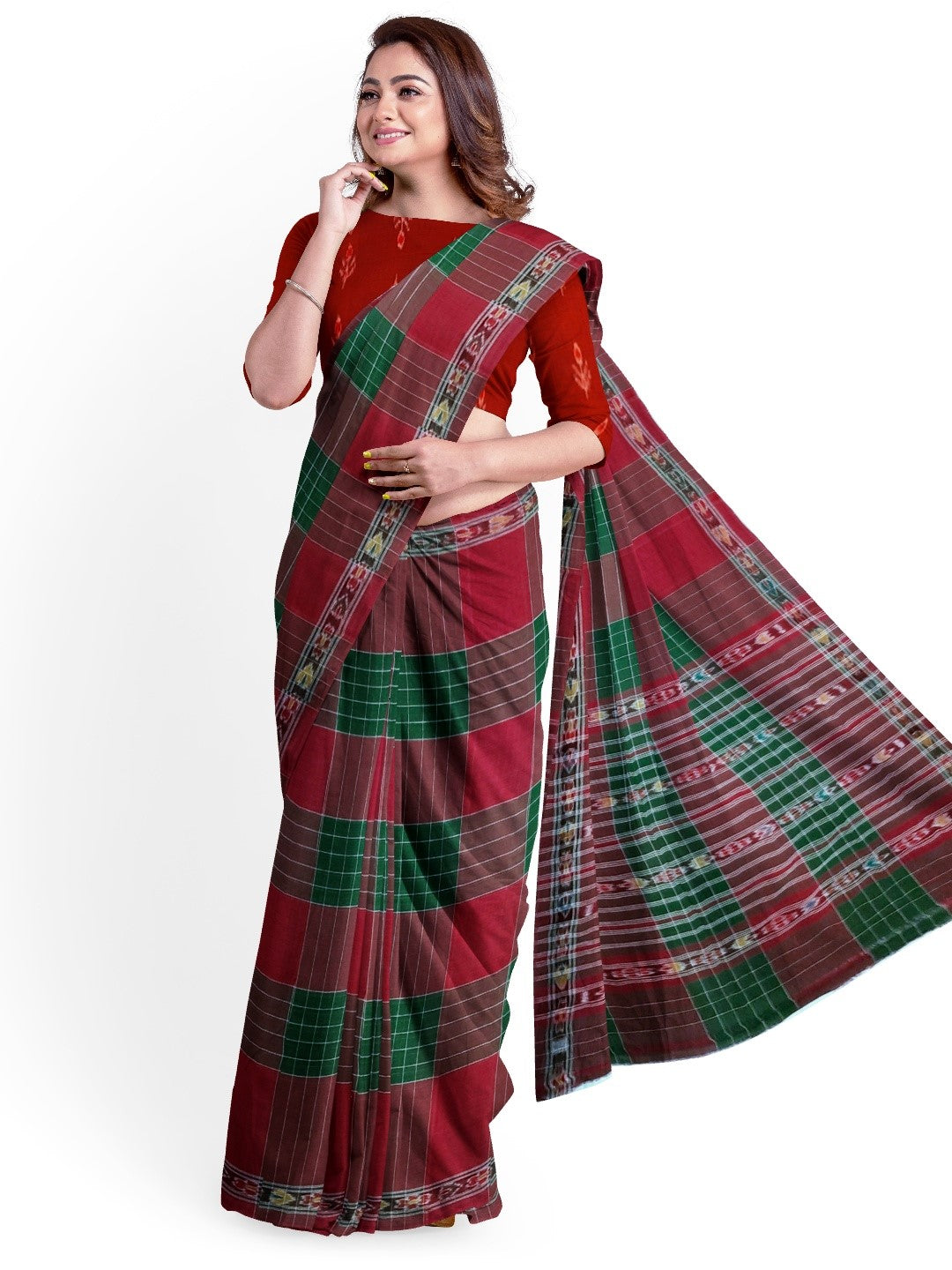 Maroon checkered body Cotton Odisha Ikat saree with mix match blouse piece