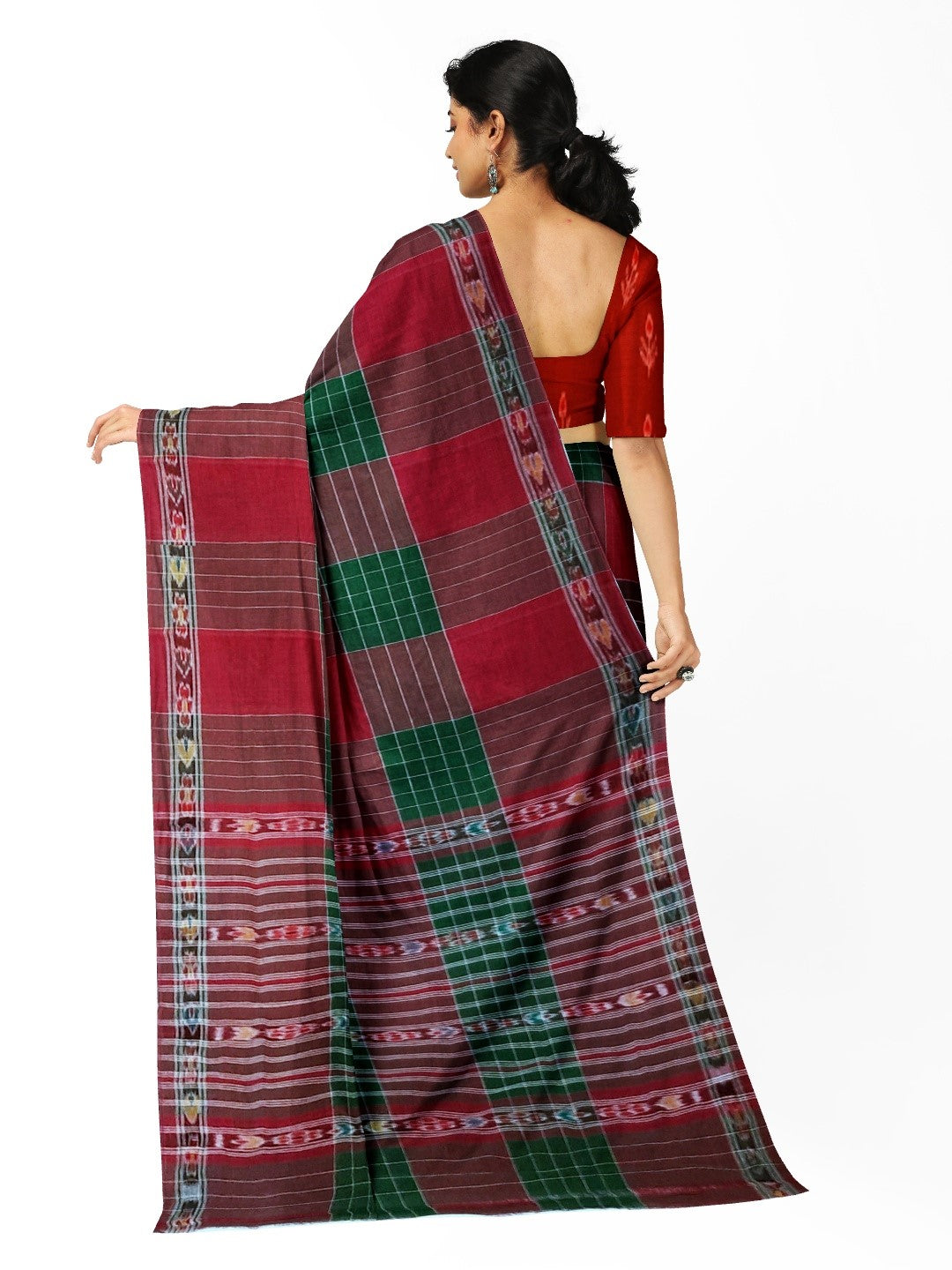 Maroon checkered body Cotton Odisha Ikat saree with mix match blouse piece