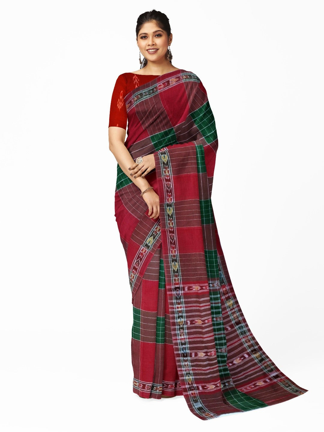Maroon checkered body Cotton Odisha Ikat saree with mix match blouse piece