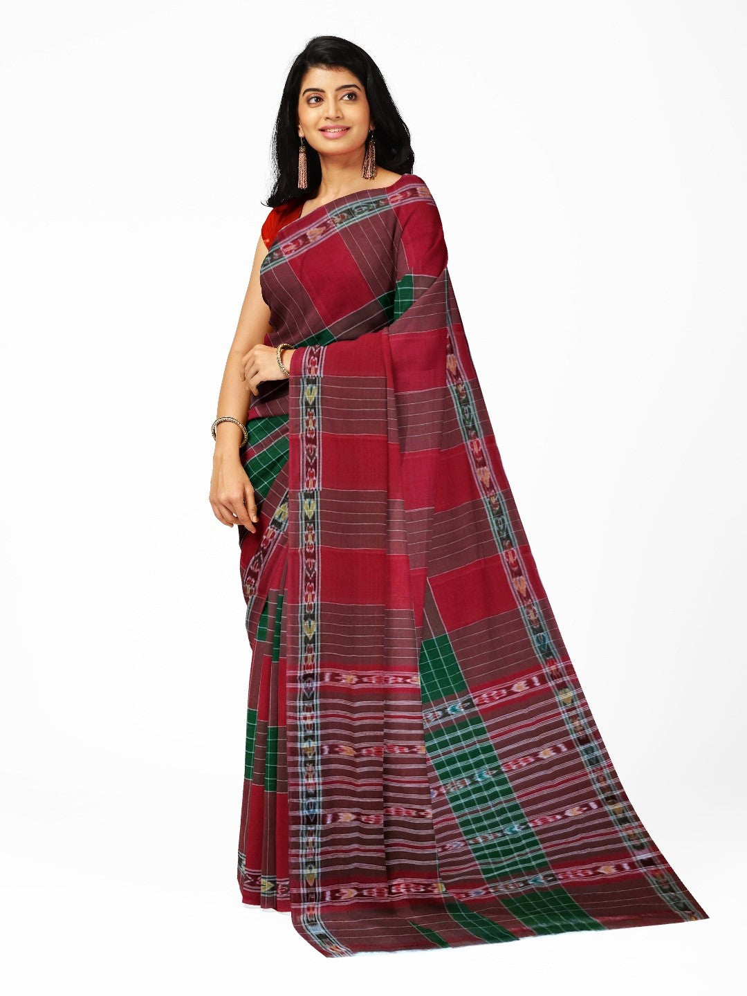 Maroon checkered body Cotton Odisha Ikat saree with mix match blouse piece