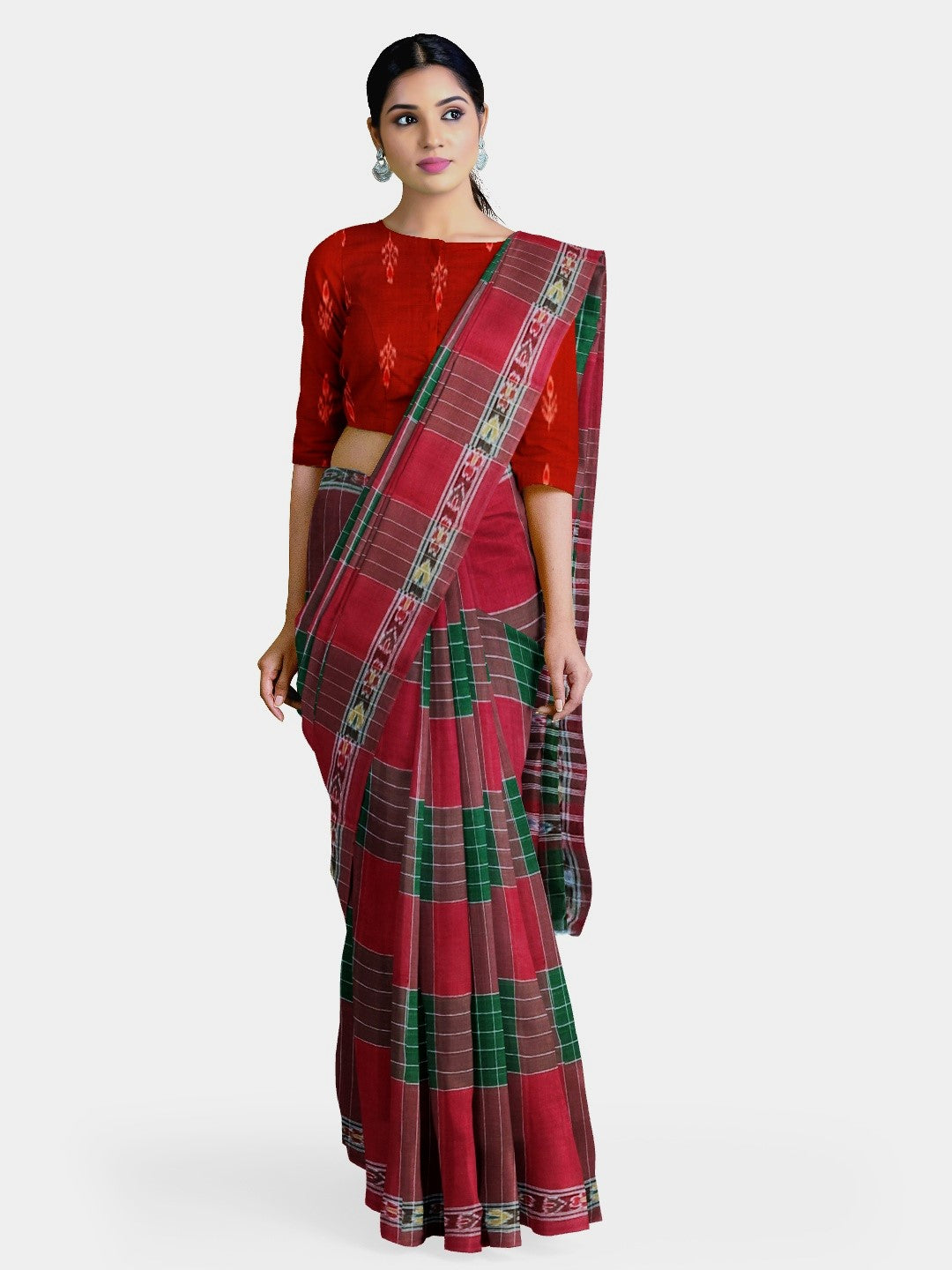 Maroon checkered body Cotton Odisha Ikat saree with mix match blouse piece