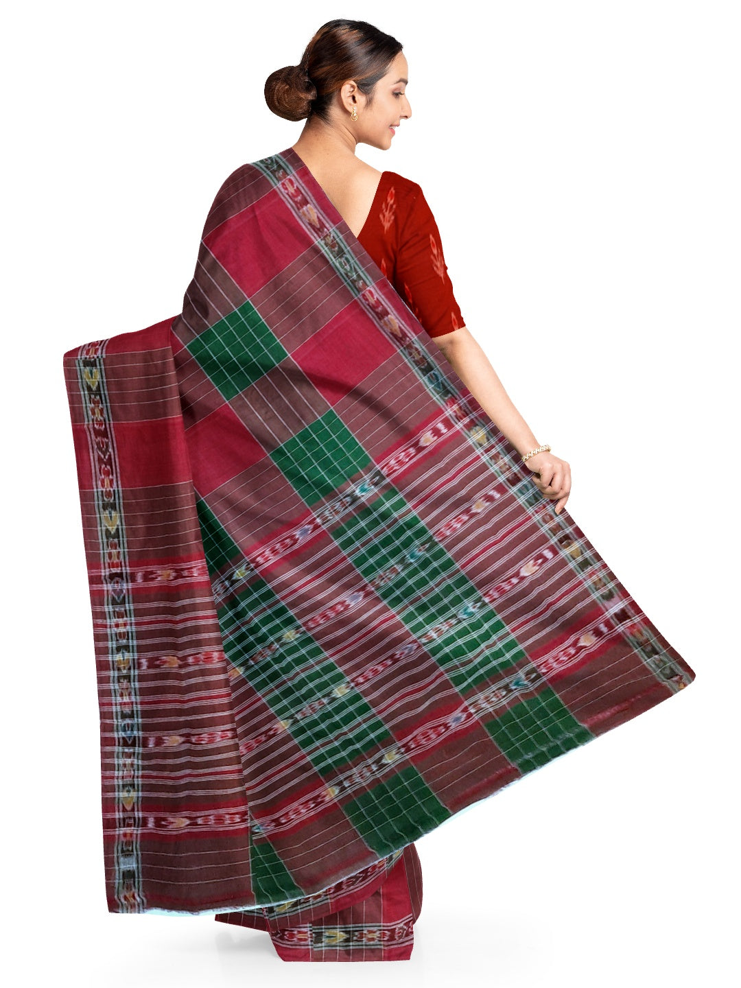 Maroon checkered body Cotton Odisha Ikat saree with mix match blouse piece