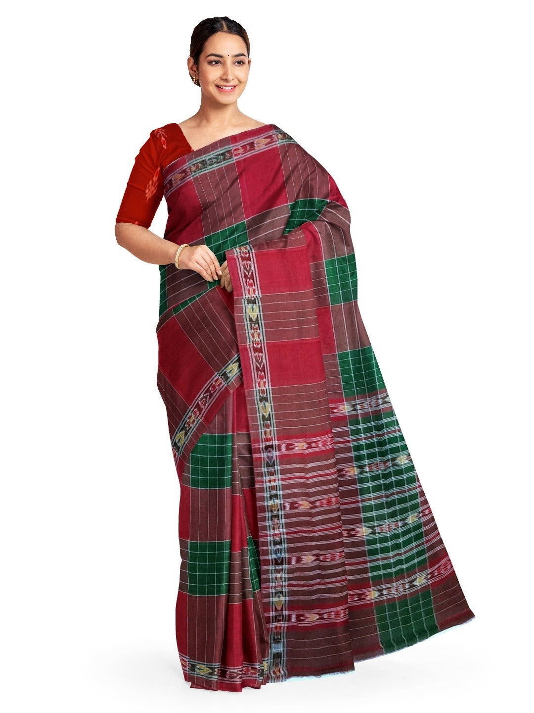 Maroon checkered body Cotton Odisha Ikat saree with mix match blouse piece