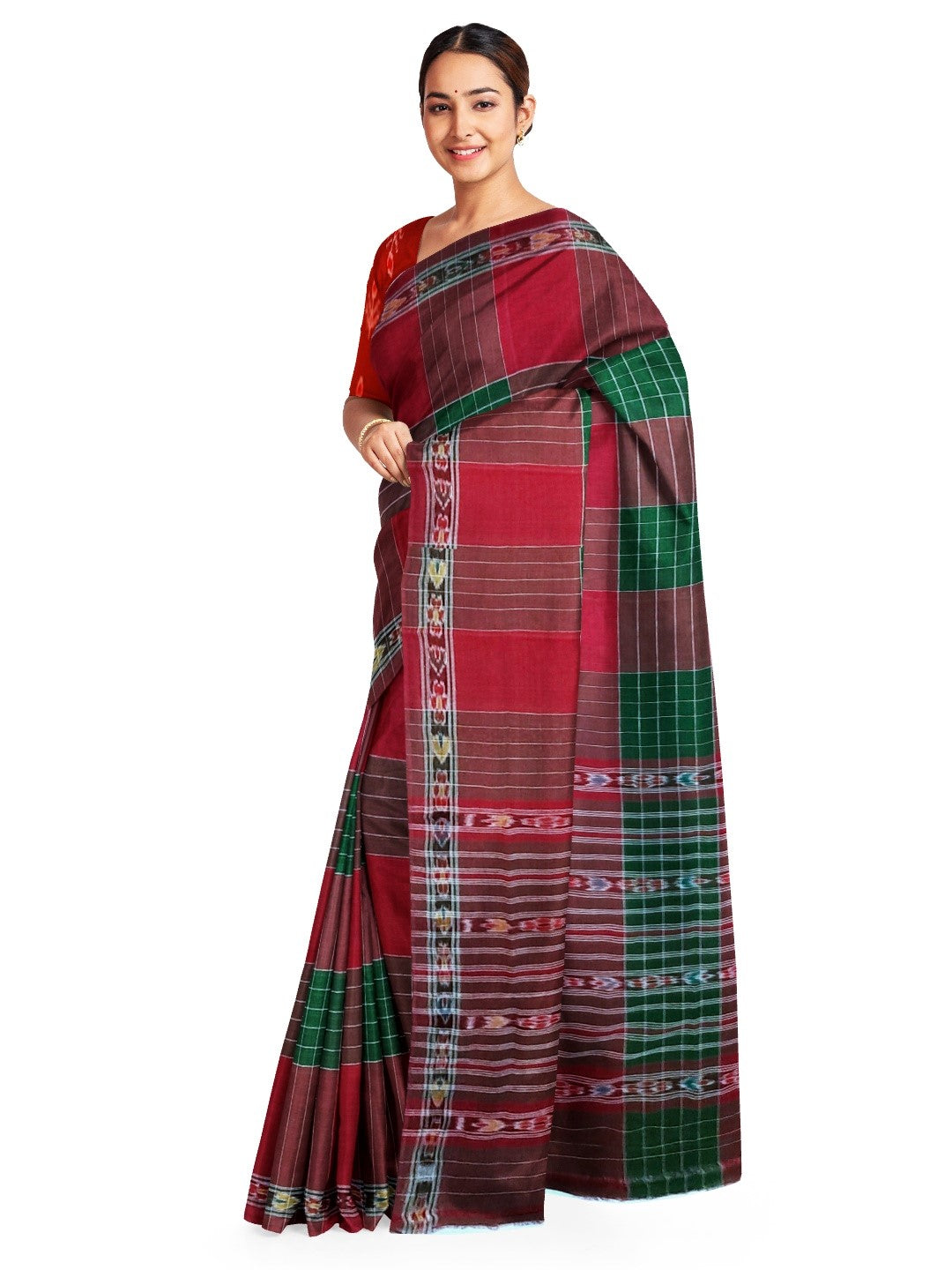 Maroon checkered body Cotton Odisha Ikat saree with mix match blouse piece