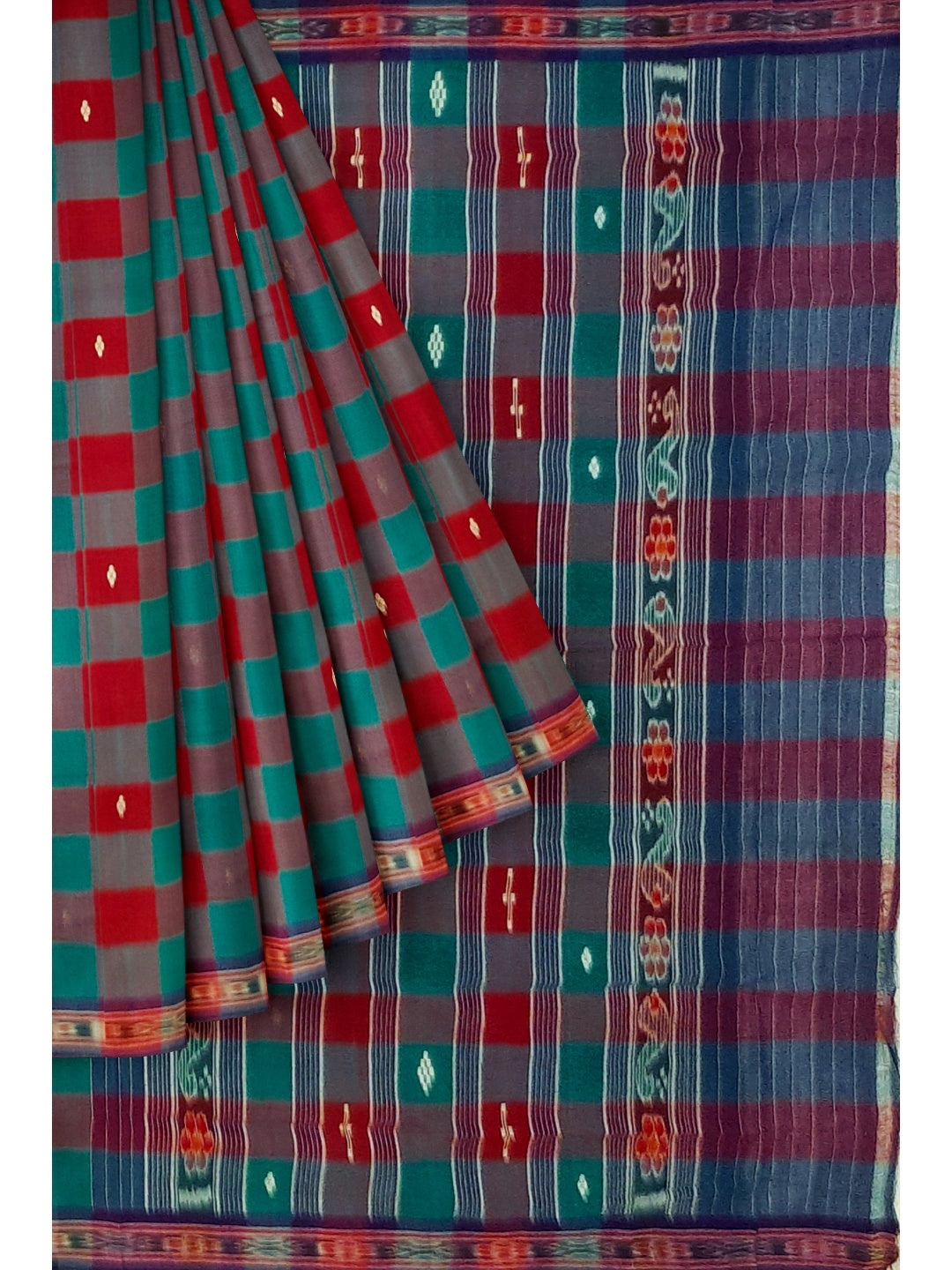 Checkered body Cotton Odisha Ikat saree with mix match blouse piece