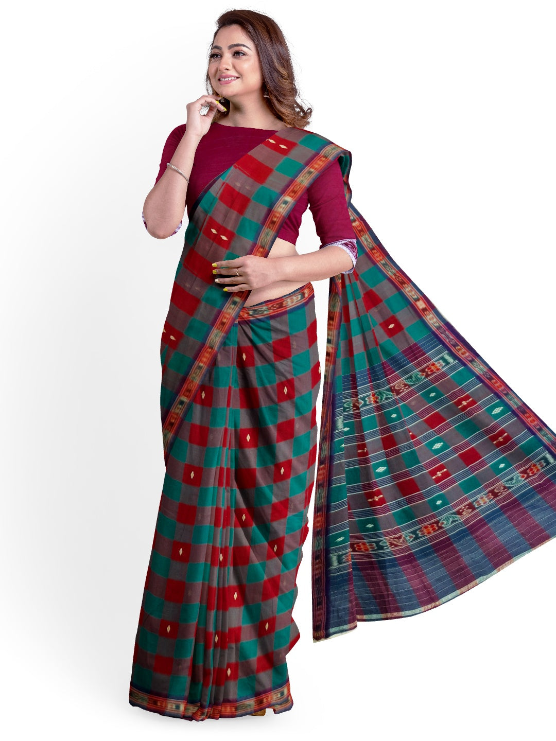 Checkered body Cotton Odisha Ikat saree with mix match blouse piece