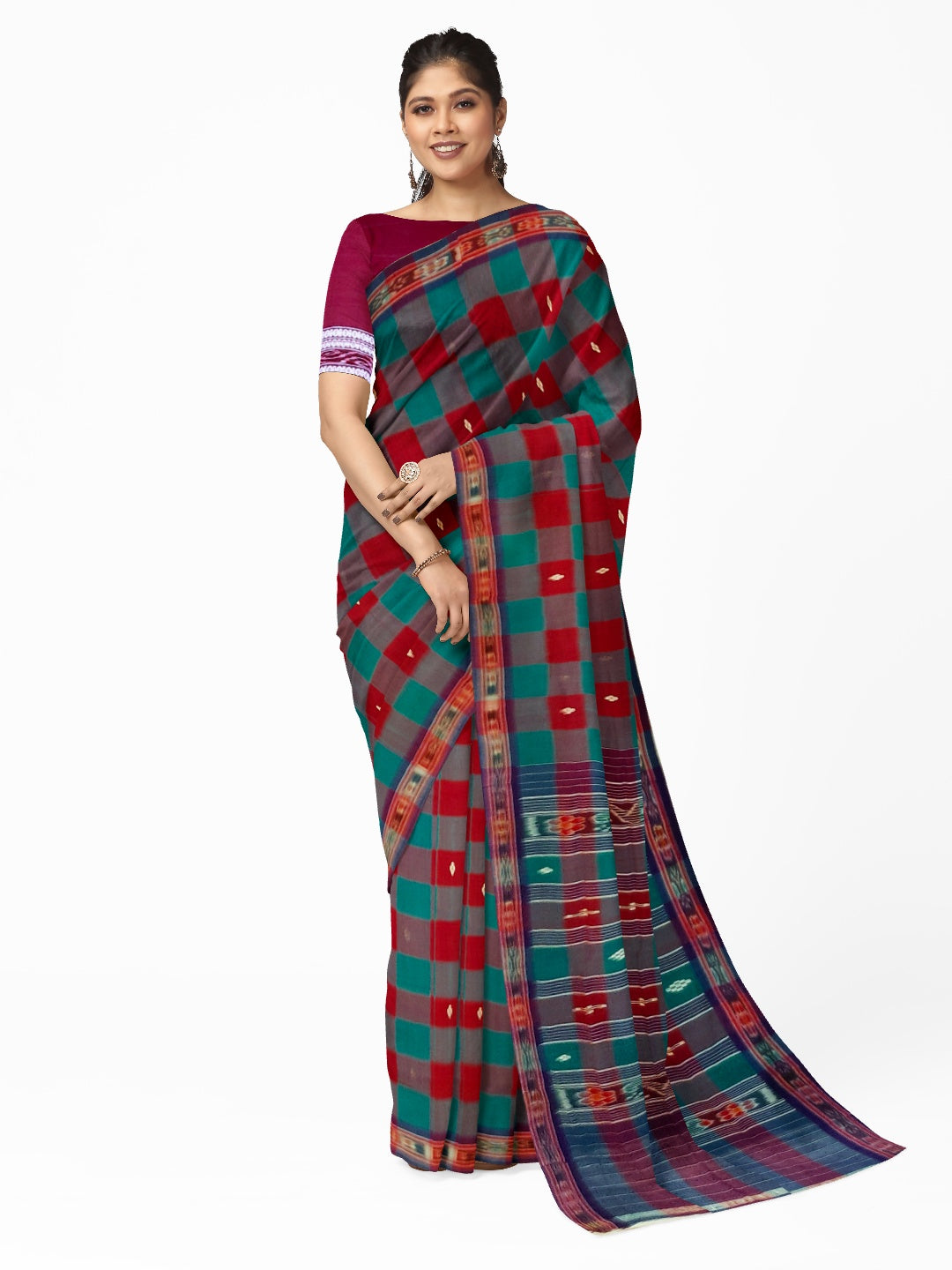 Checkered body Cotton Odisha Ikat saree with mix match blouse piece