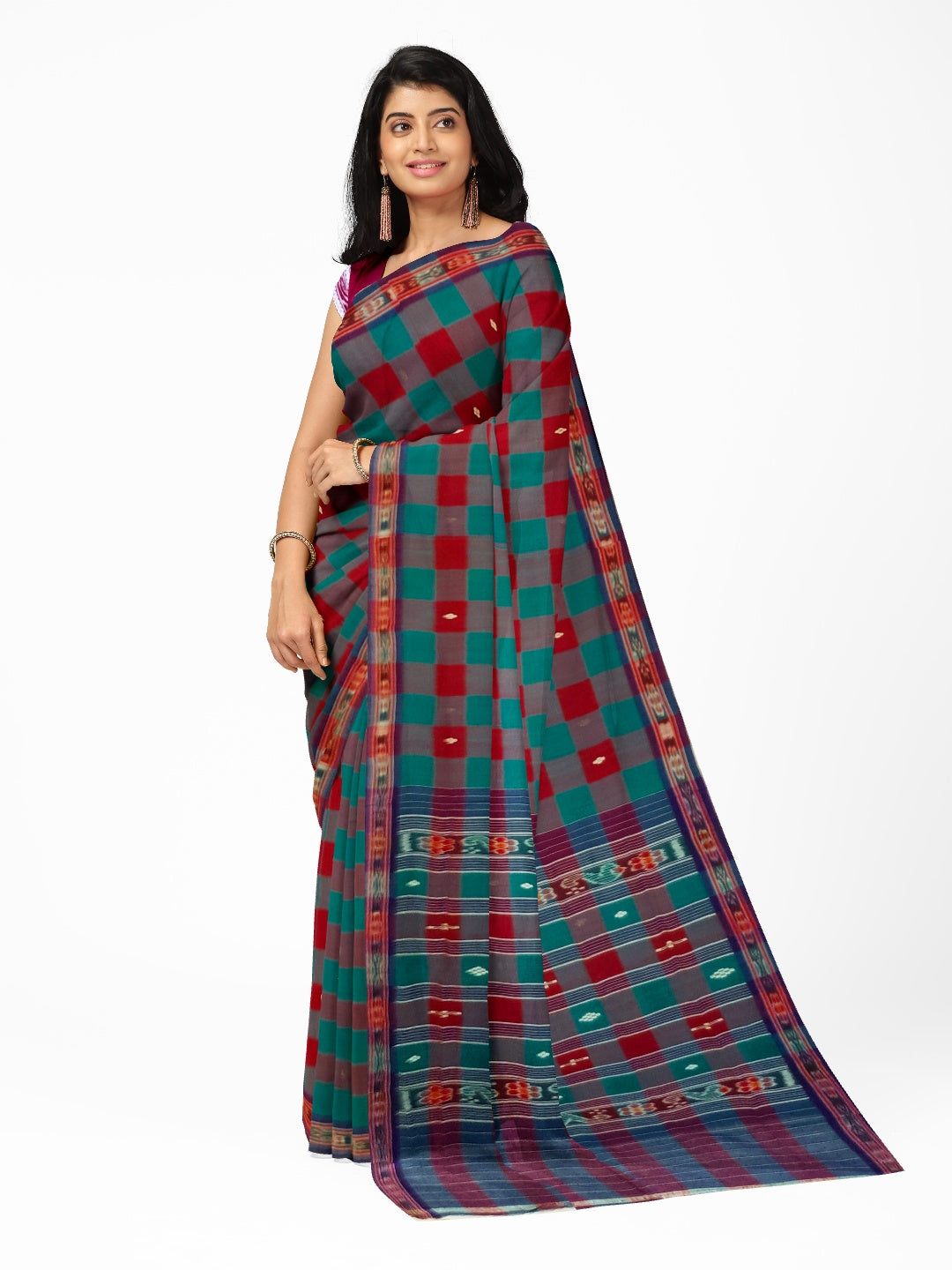 Checkered body Cotton Odisha Ikat saree with mix match blouse piece