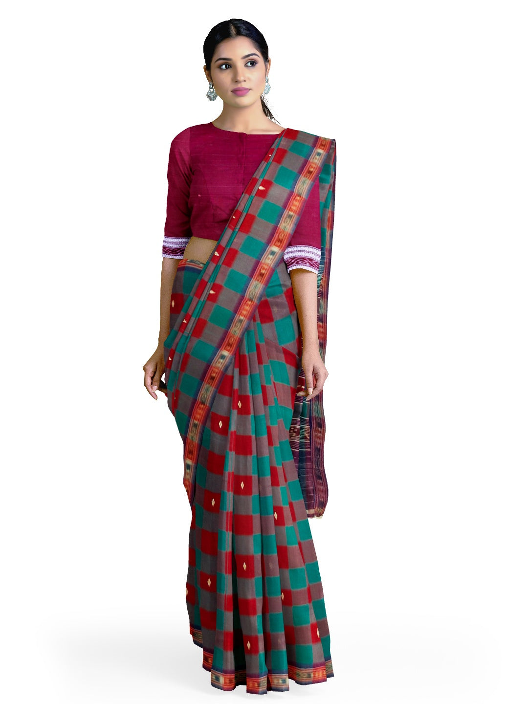Checkered body Cotton Odisha Ikat saree with mix match blouse piece