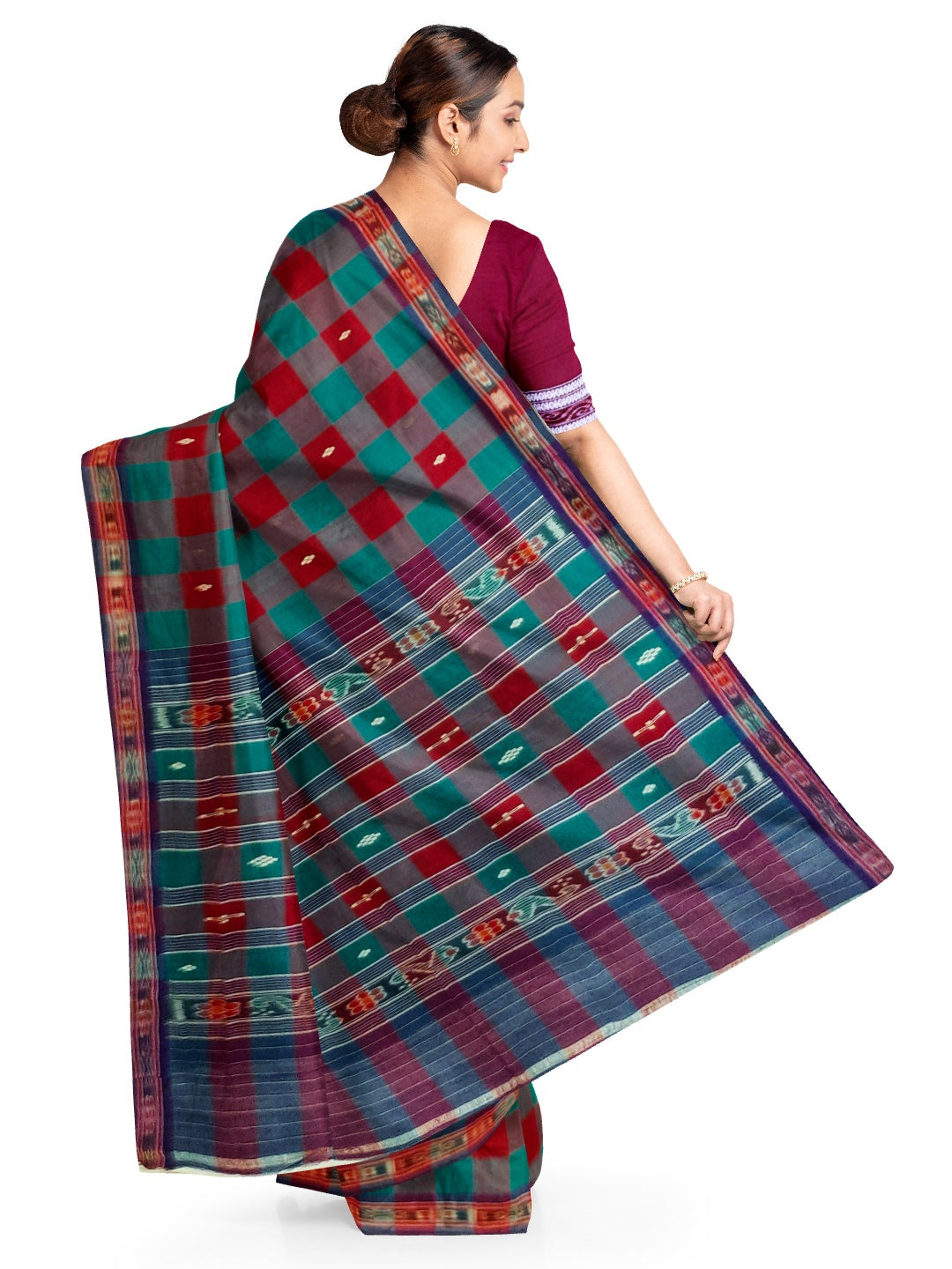 Checkered body Cotton Odisha Ikat saree with mix match blouse piece