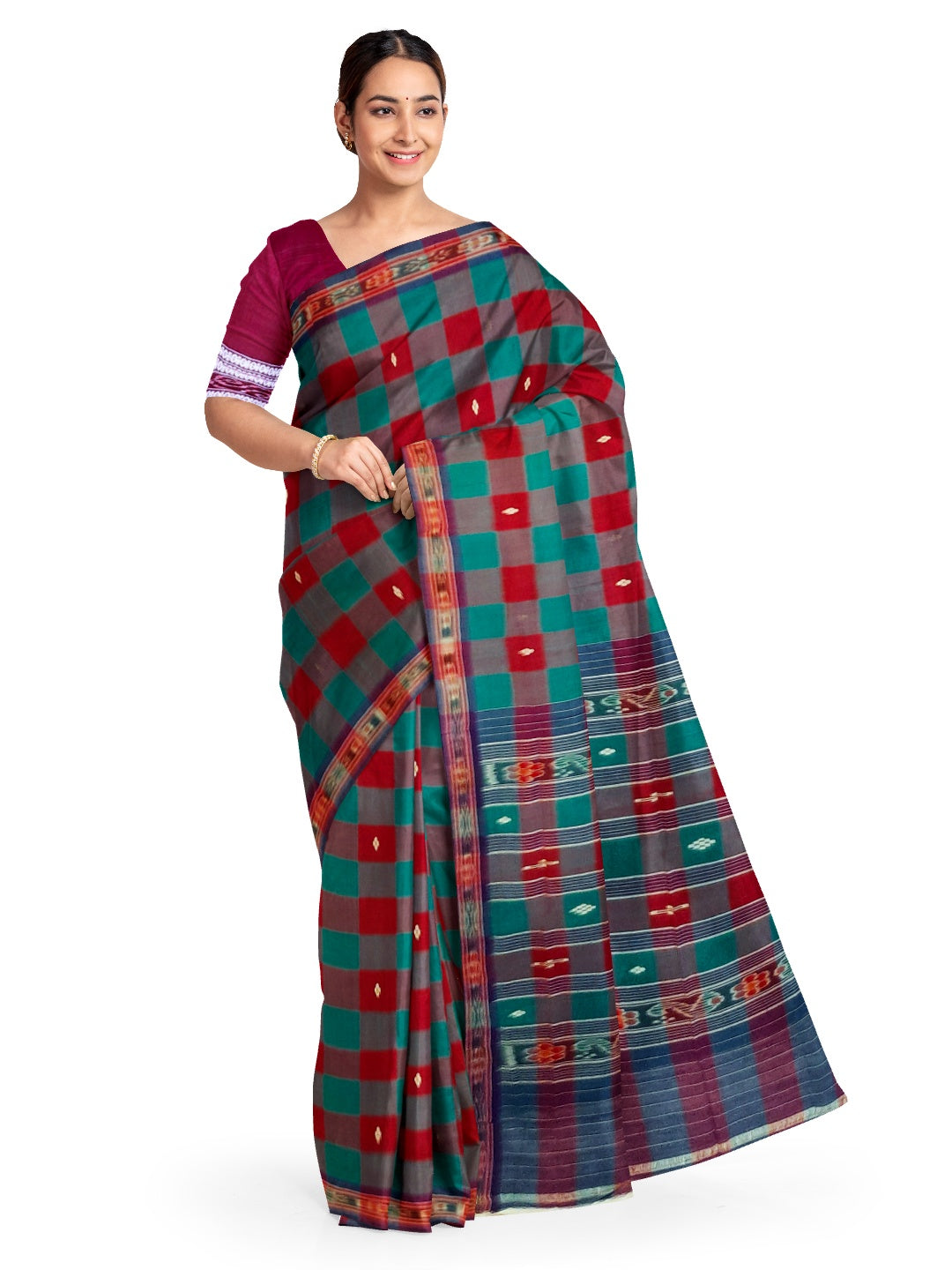 Checkered body Cotton Odisha Ikat saree with mix match blouse piece