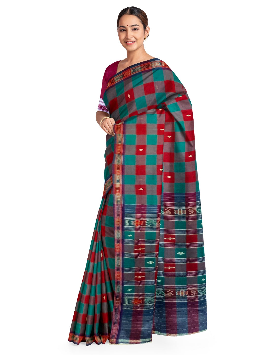 Checkered body Cotton Odisha Ikat saree with mix match blouse piece