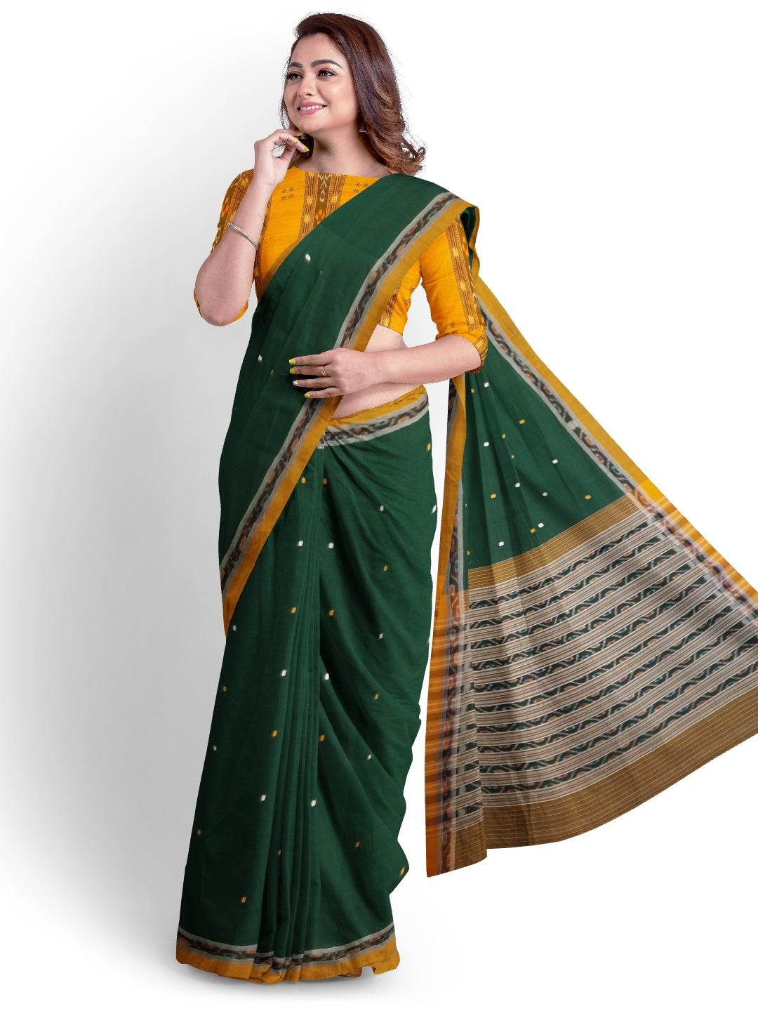 Green body Cotton Odisha Ikat saree with mix match blouse piece