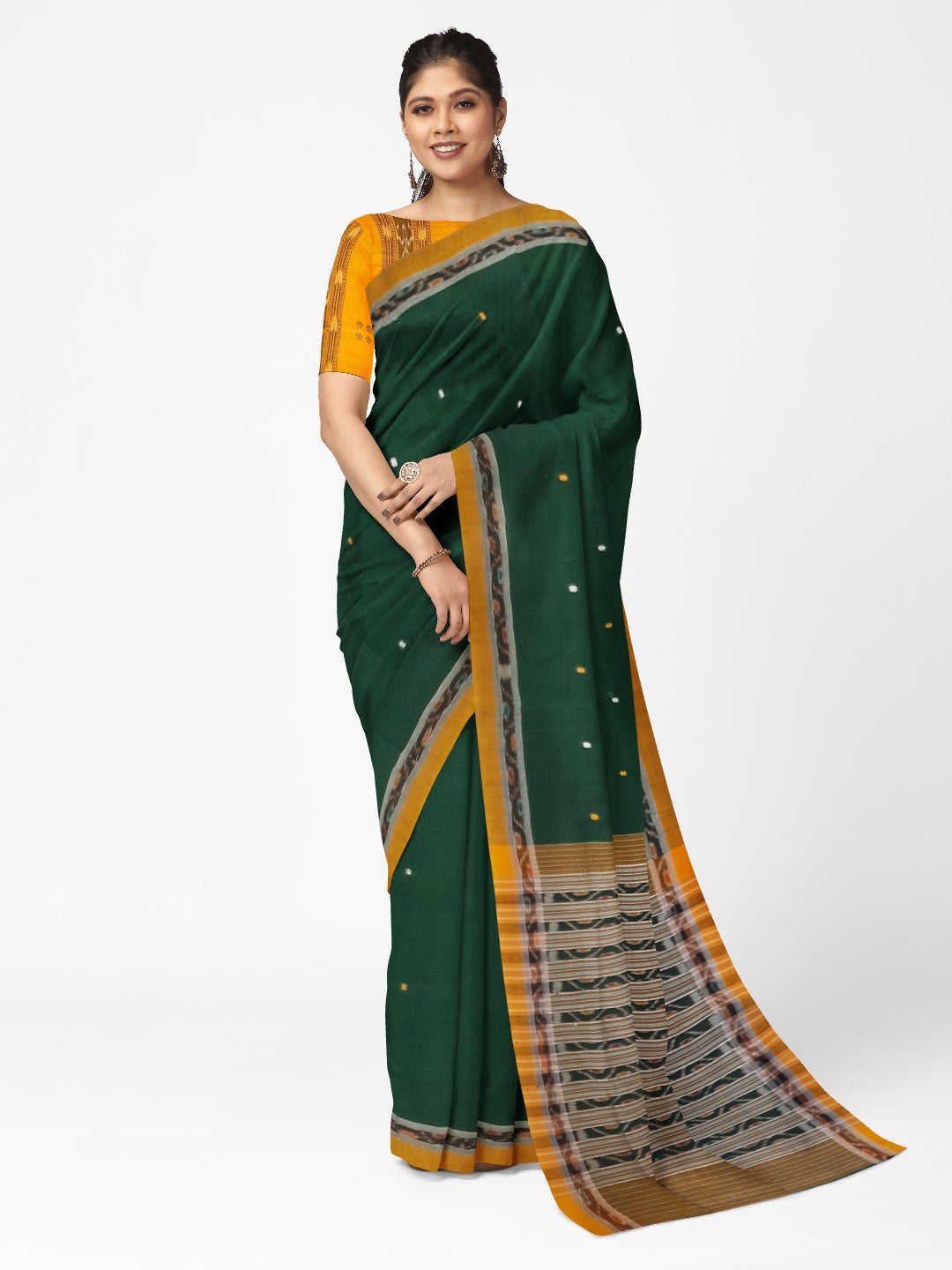 Green body Cotton Odisha Ikat saree with mix match blouse piece