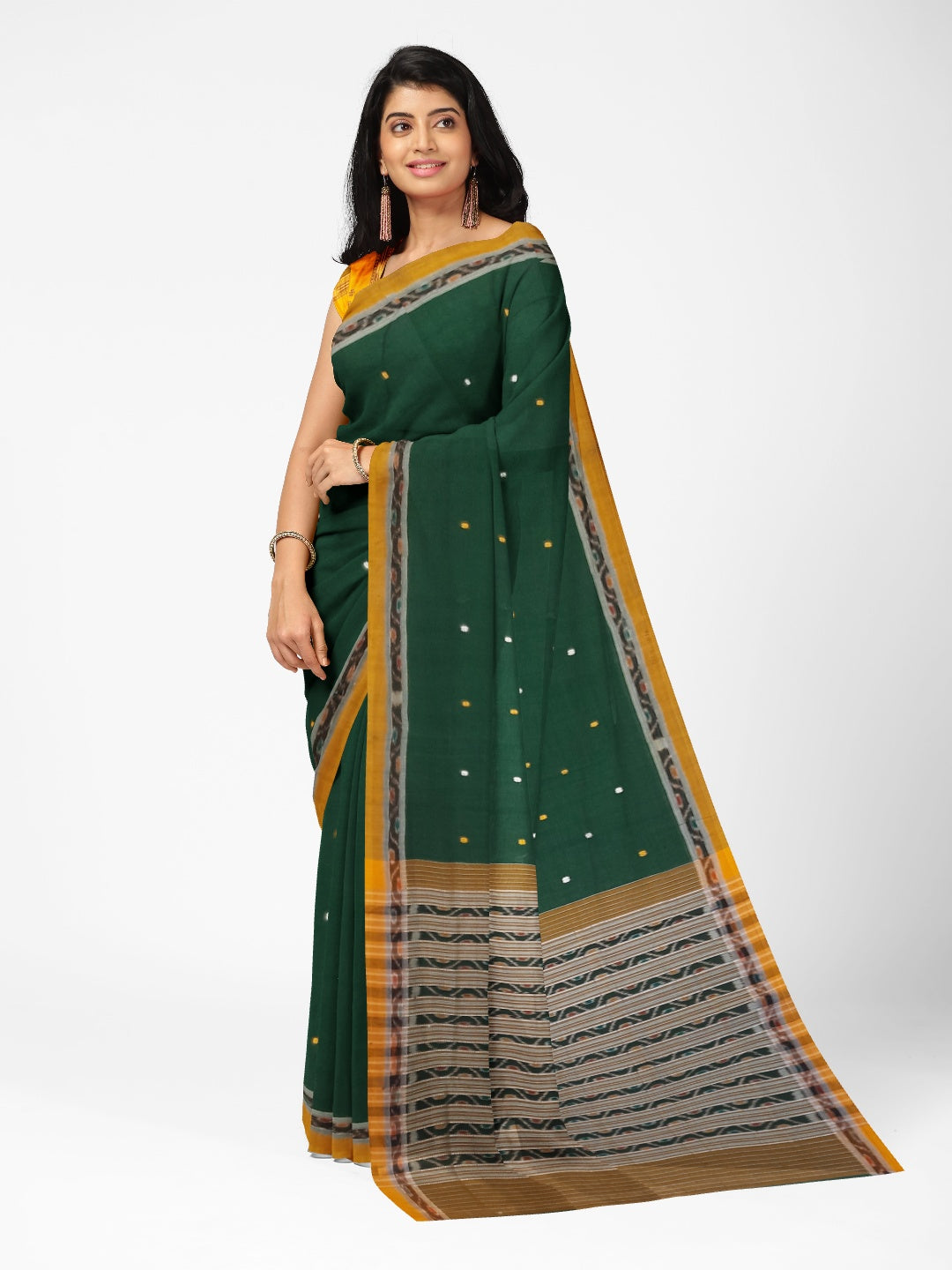 Green body Cotton Odisha Ikat saree with mix match blouse piece