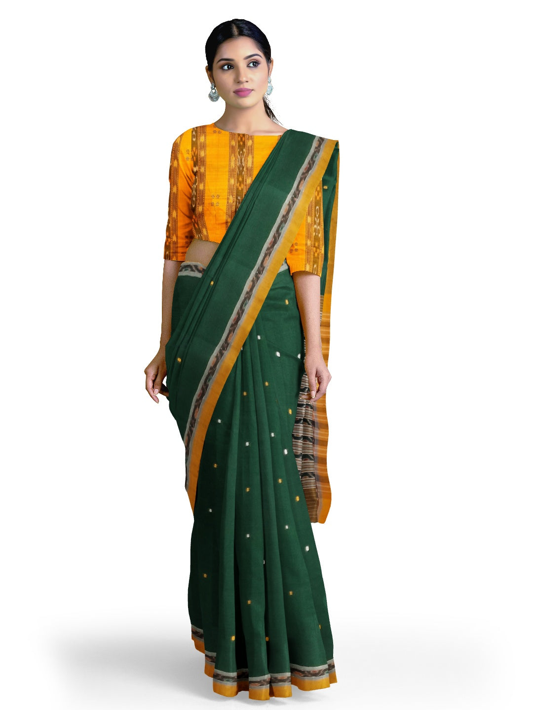 Green body Cotton Odisha Ikat saree with mix match blouse piece