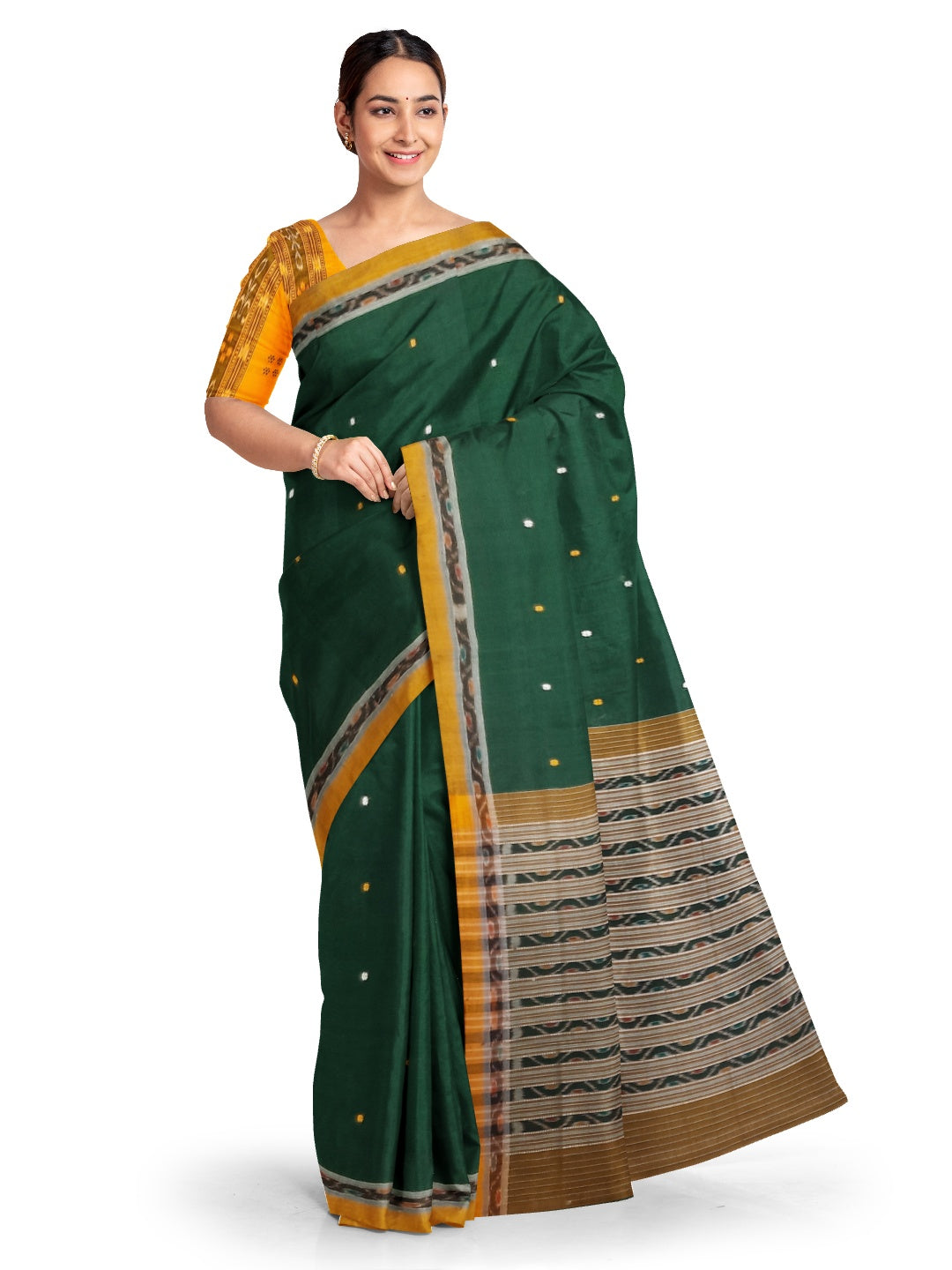 Green body Cotton Odisha Ikat saree with mix match blouse piece