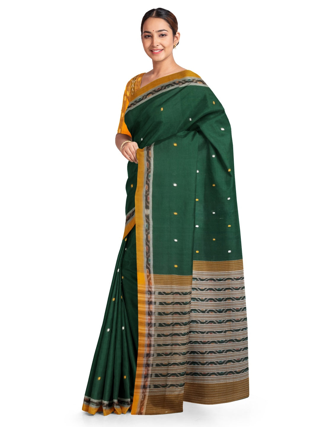 Green body Cotton Odisha Ikat saree with mix match blouse piece