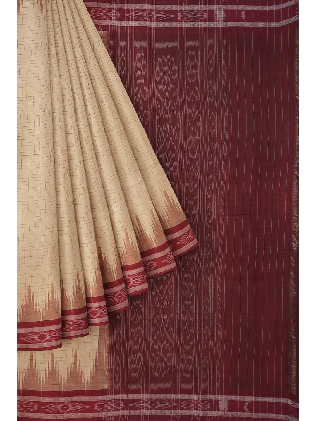 Beige with Maroon Cotton Odisha Ikat saree with mix match cotton ikat blouse piece