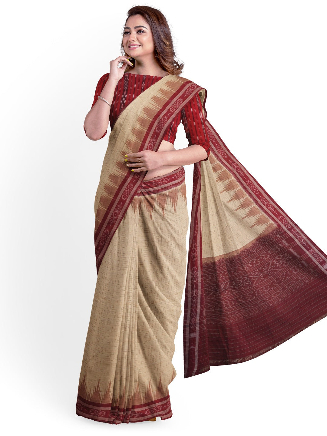 Beige with Maroon Cotton Odisha Ikat saree with mix match cotton ikat blouse piece