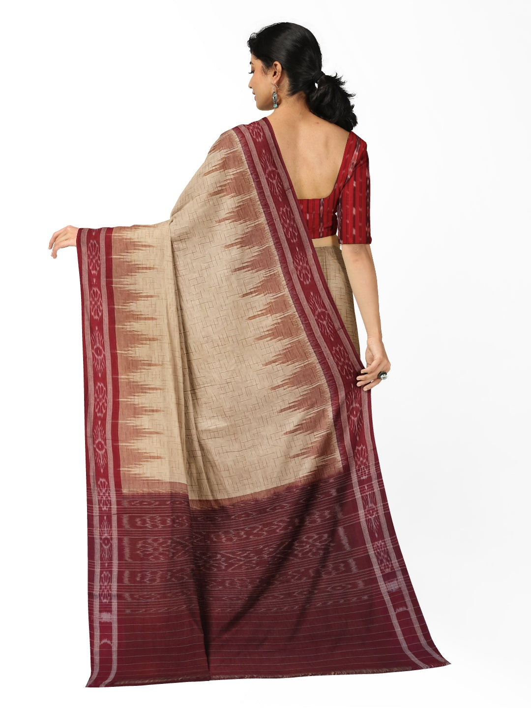 Beige with Maroon Cotton Odisha Ikat saree with mix match cotton ikat blouse piece