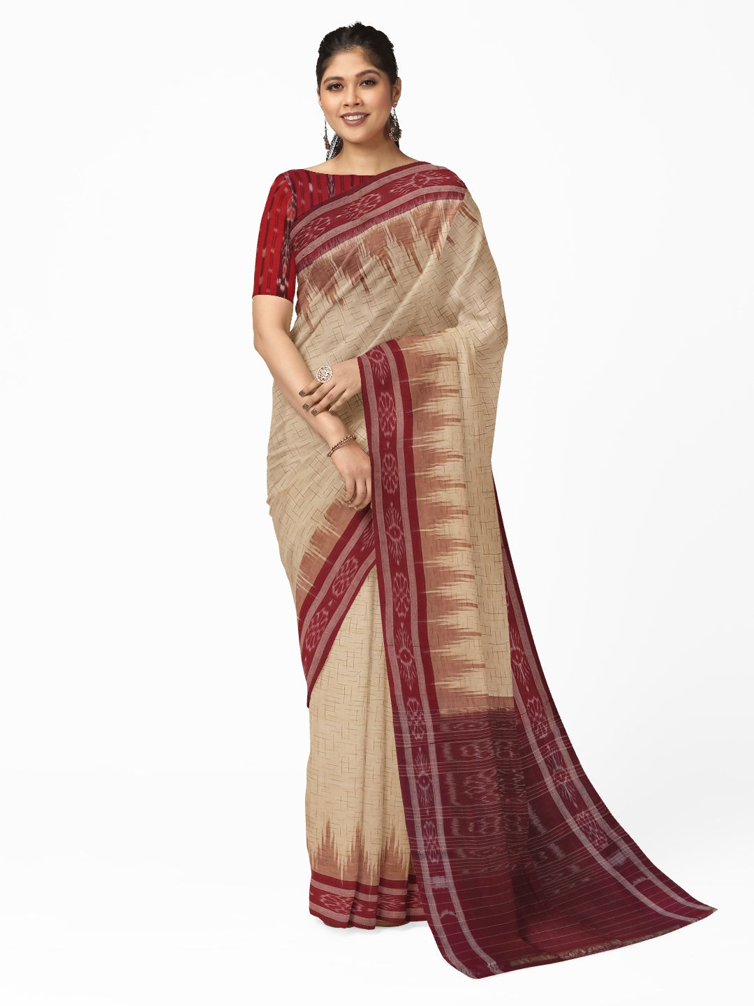 Beige with Maroon Cotton Odisha Ikat saree with mix match cotton ikat blouse piece