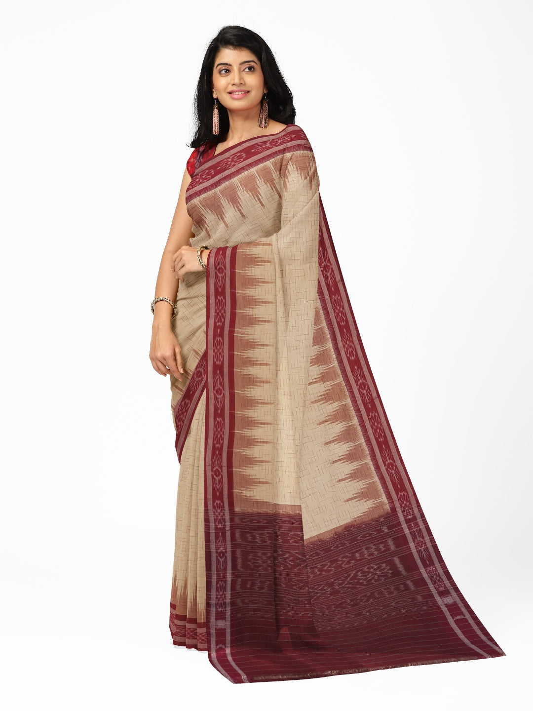 Beige with Maroon Cotton Odisha Ikat saree with mix match cotton ikat blouse piece