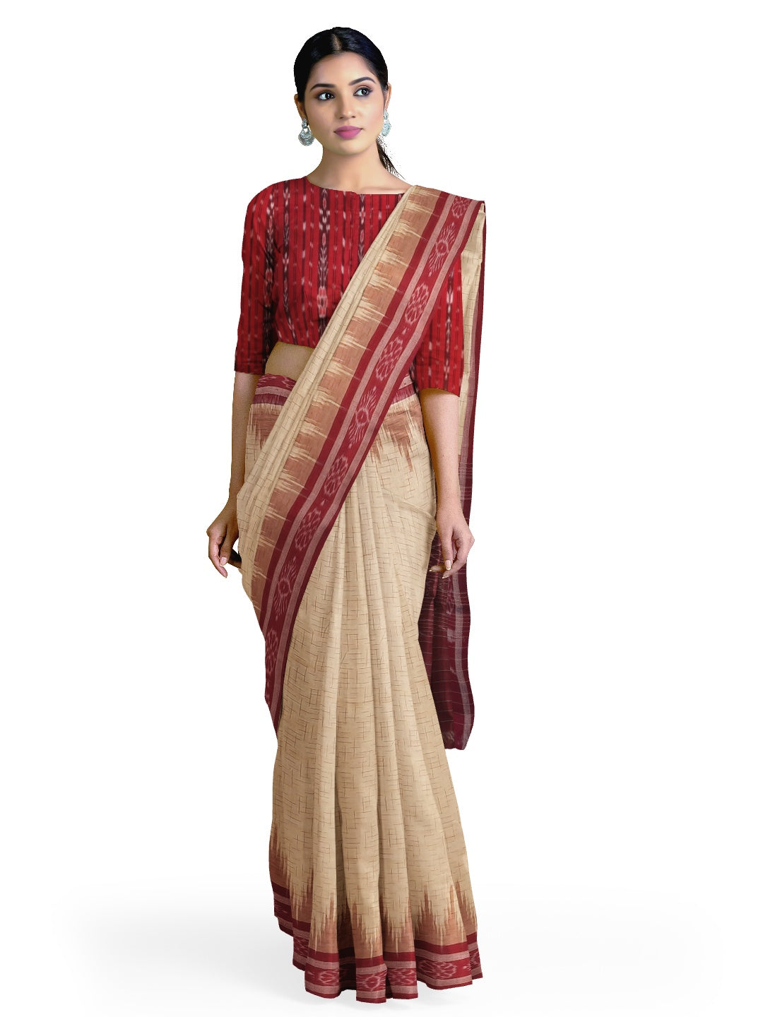 Beige with Maroon Cotton Odisha Ikat saree with mix match cotton ikat blouse piece
