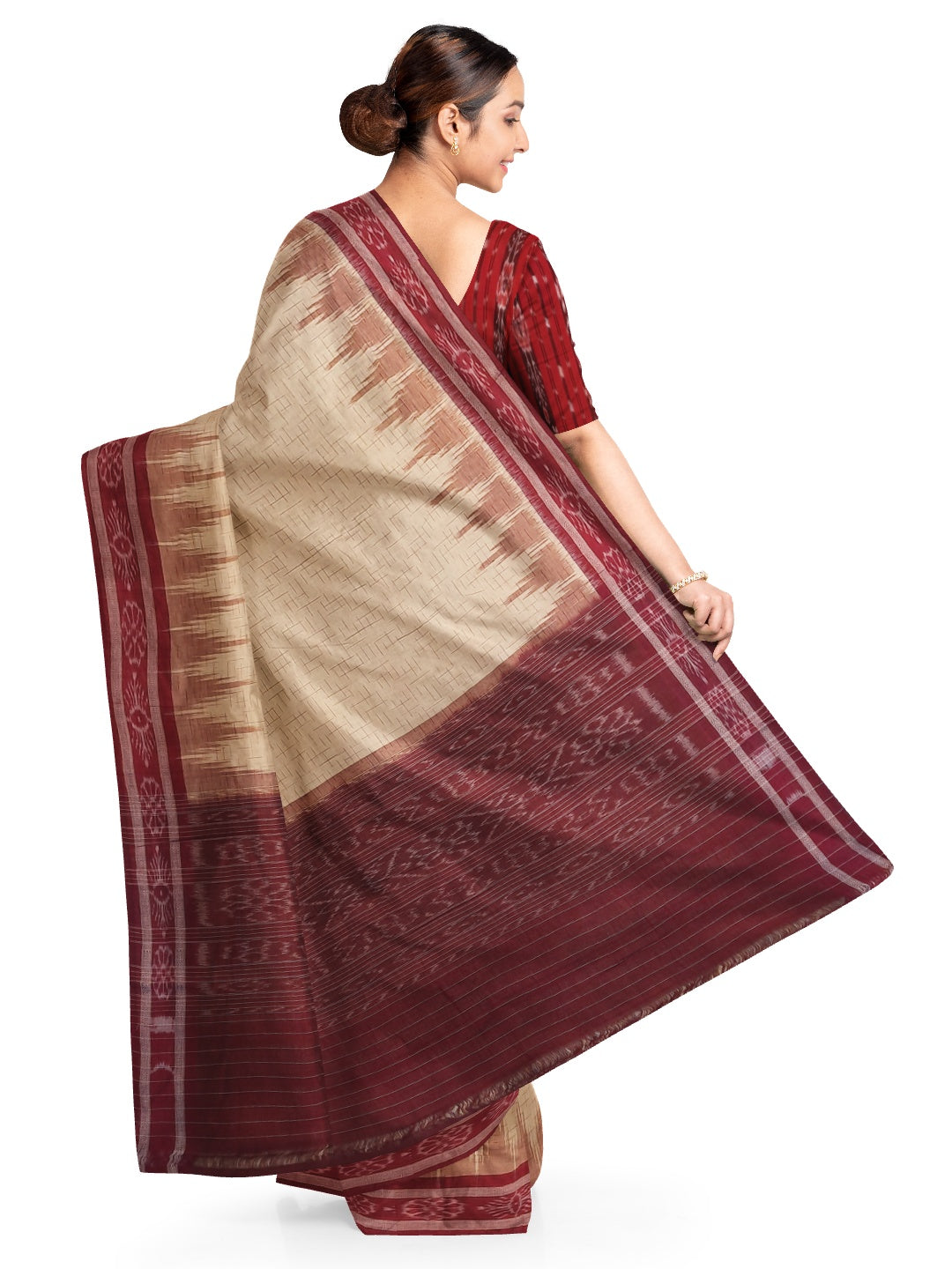 Beige with Maroon Cotton Odisha Ikat saree with mix match cotton ikat blouse piece