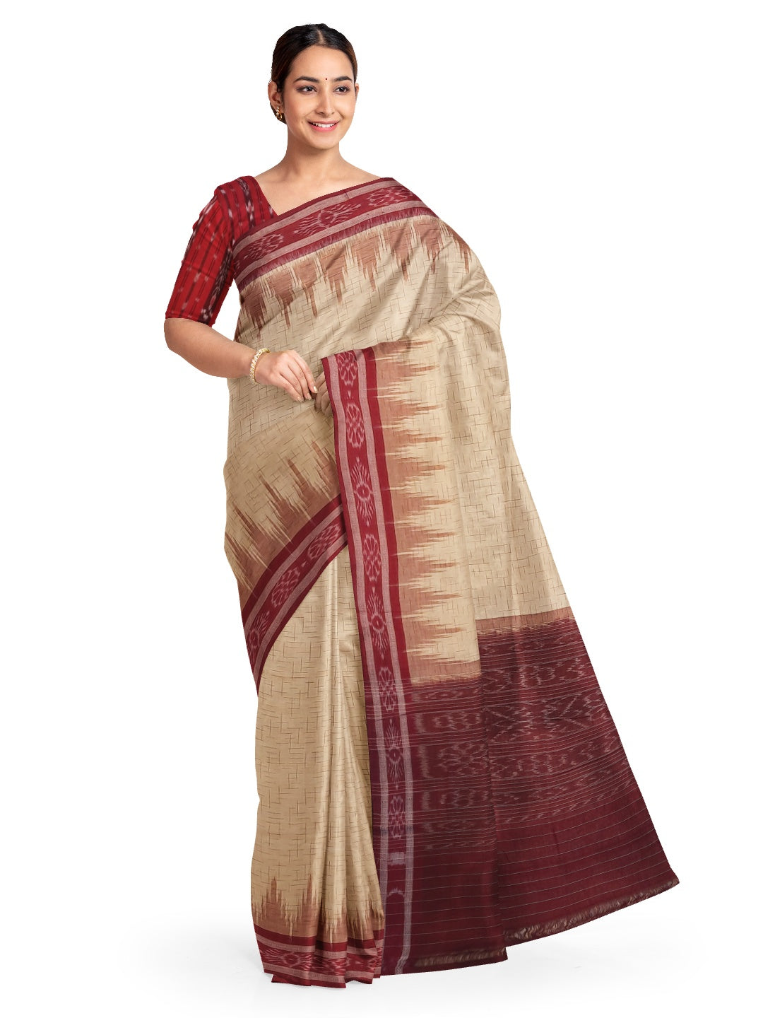 Beige with Maroon Cotton Odisha Ikat saree with mix match cotton ikat blouse piece