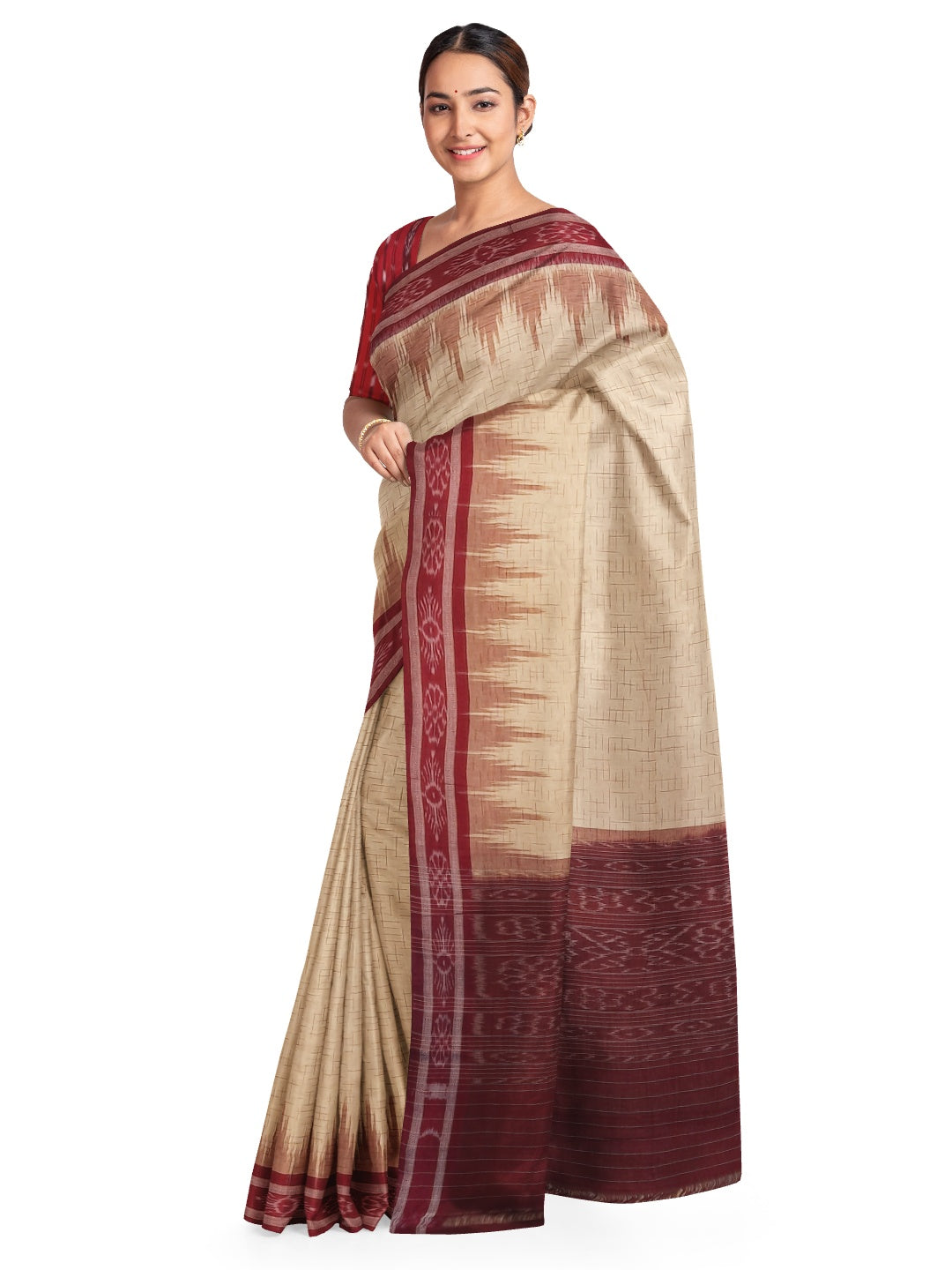 Beige with Maroon Cotton Odisha Ikat saree with mix match cotton ikat blouse piece