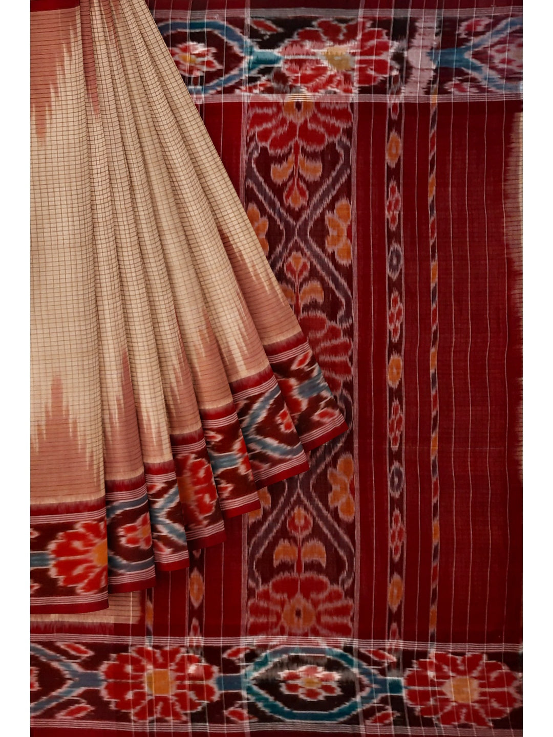Beige checkered body Cotton Odisha Ikat saree with mix match cotton ikat blouse
