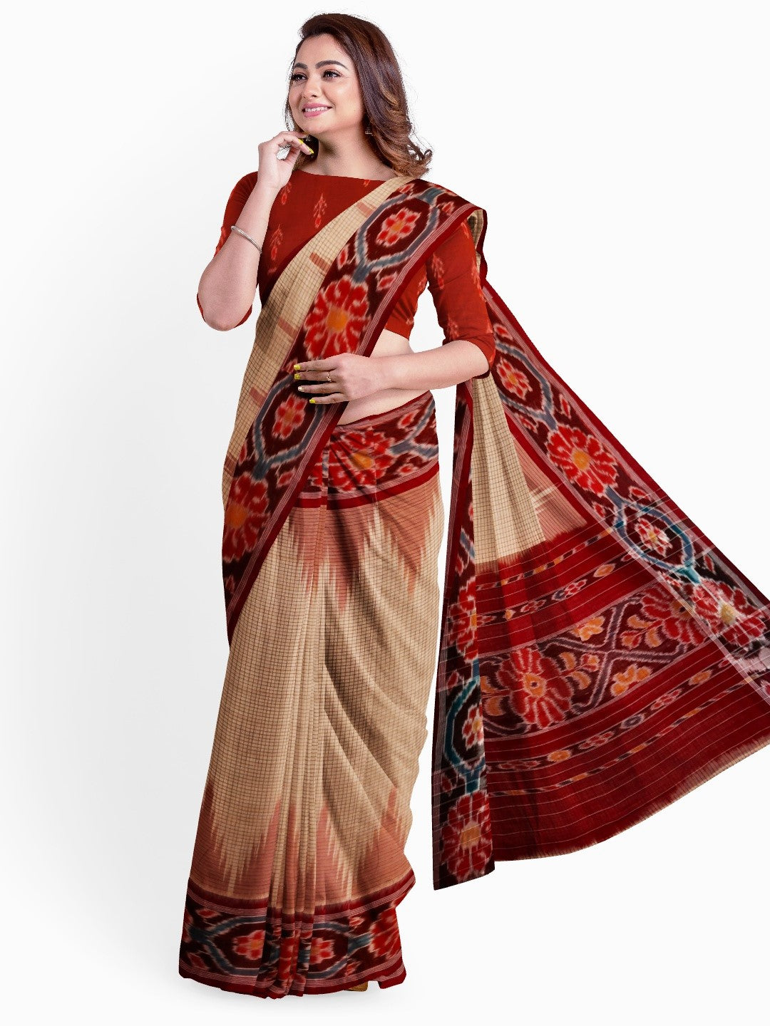 Beige checkered body Cotton Odisha Ikat saree with mix match cotton ikat blouse