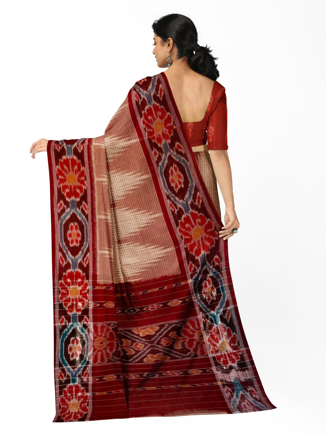 Beige checkered body Cotton Odisha Ikat saree with mix match cotton ikat blouse