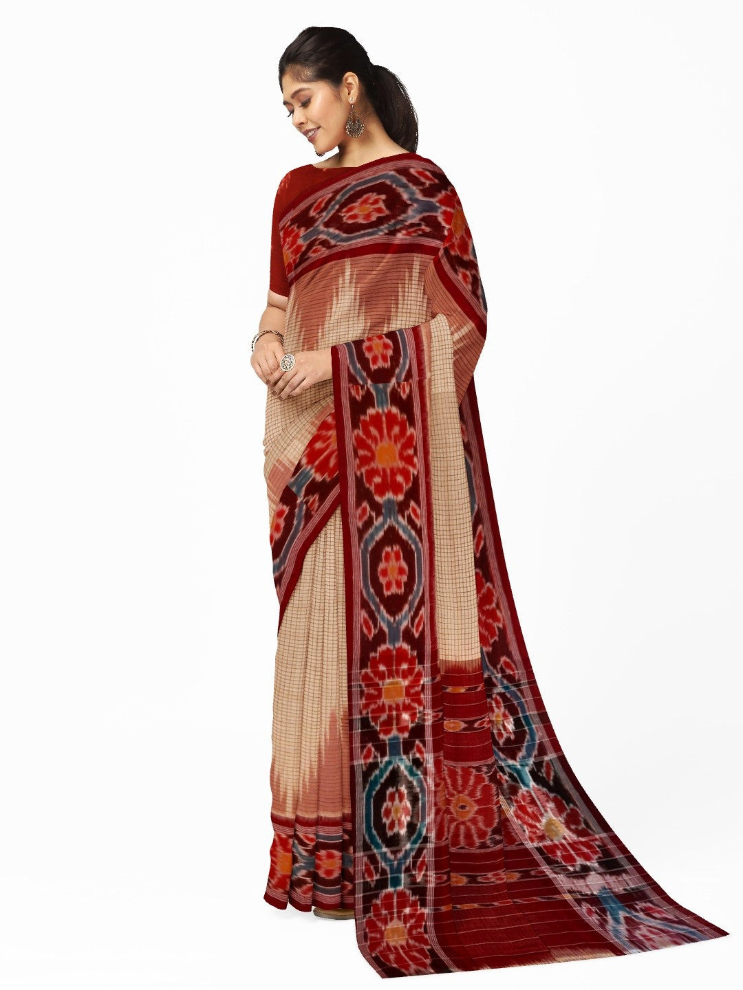 Beige checkered body Cotton Odisha Ikat saree with mix match cotton ikat blouse