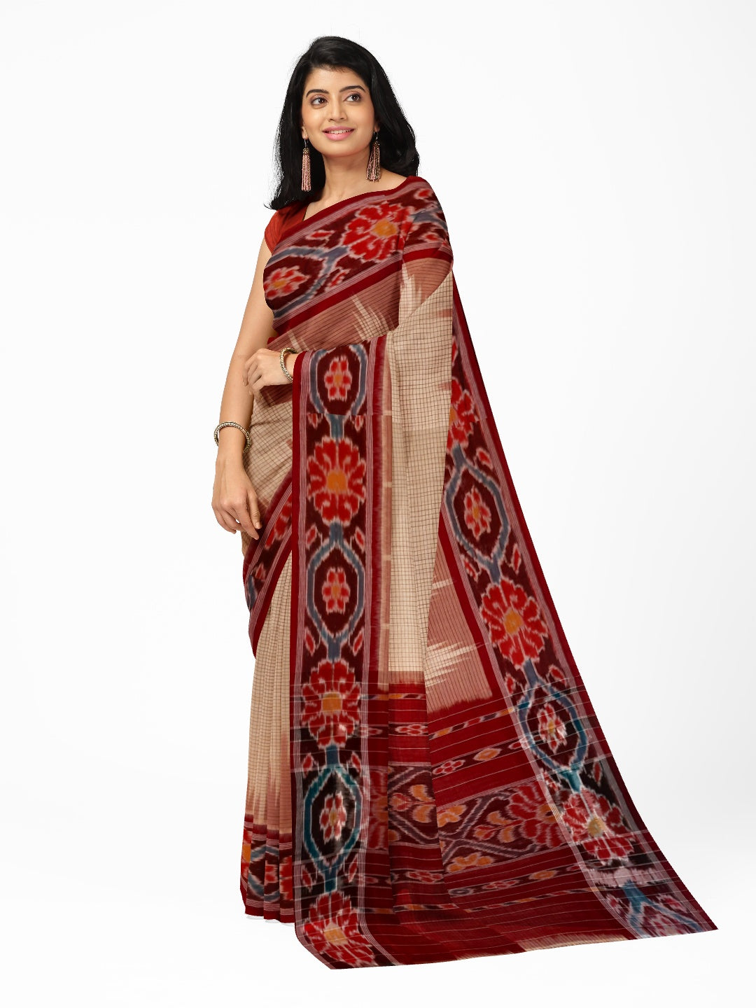 Beige checkered body Cotton Odisha Ikat saree with mix match cotton ikat blouse