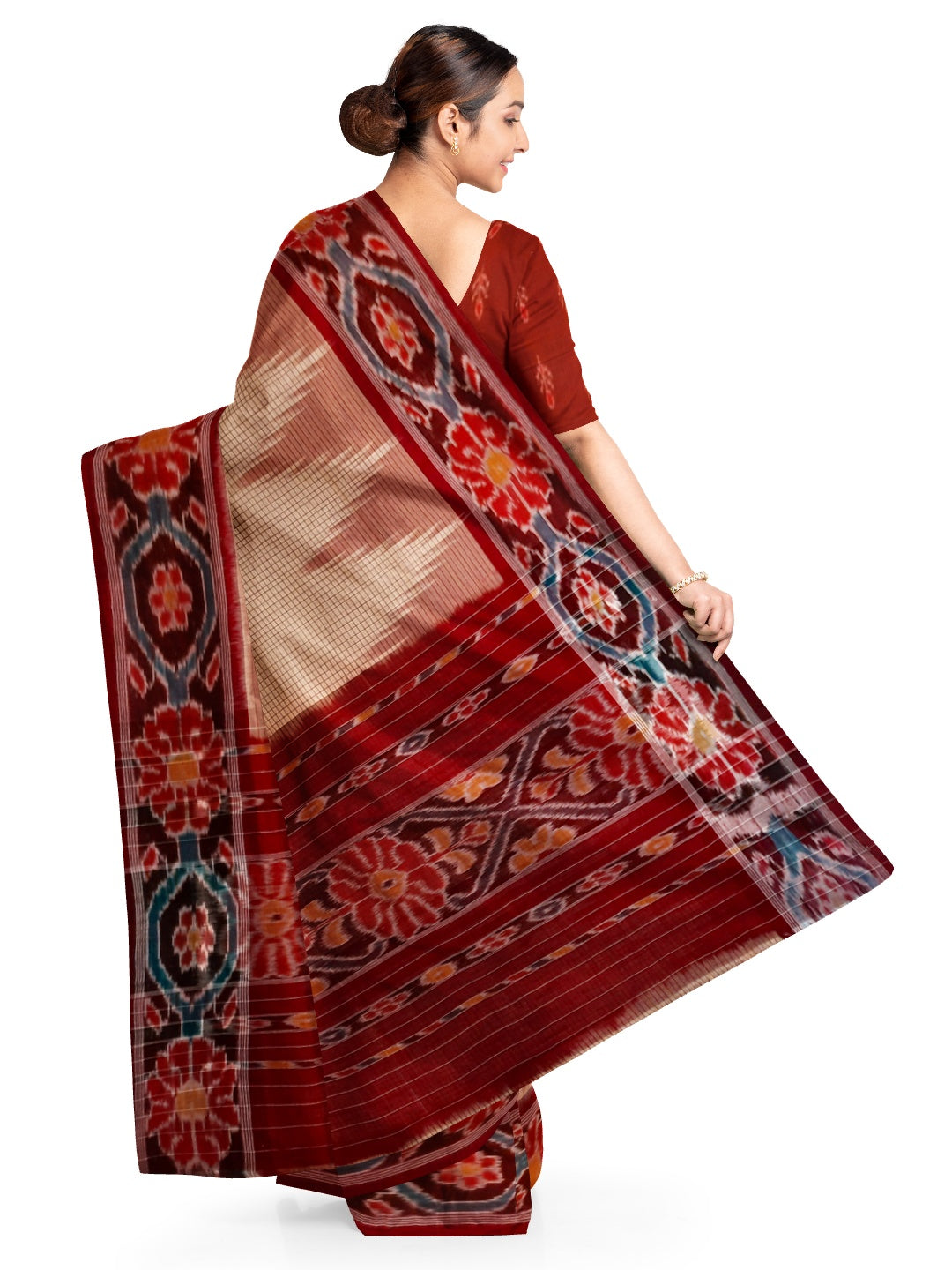 Beige checkered body Cotton Odisha Ikat saree with mix match cotton ikat blouse