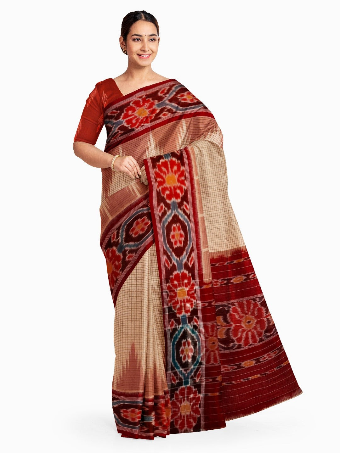 Beige checkered body Cotton Odisha Ikat saree with mix match cotton ikat blouse
