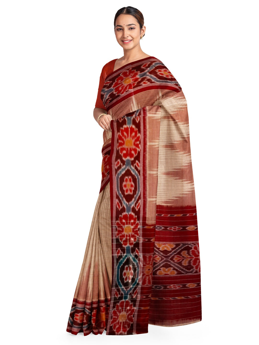 Beige checkered body Cotton Odisha Ikat saree with mix match cotton ikat blouse