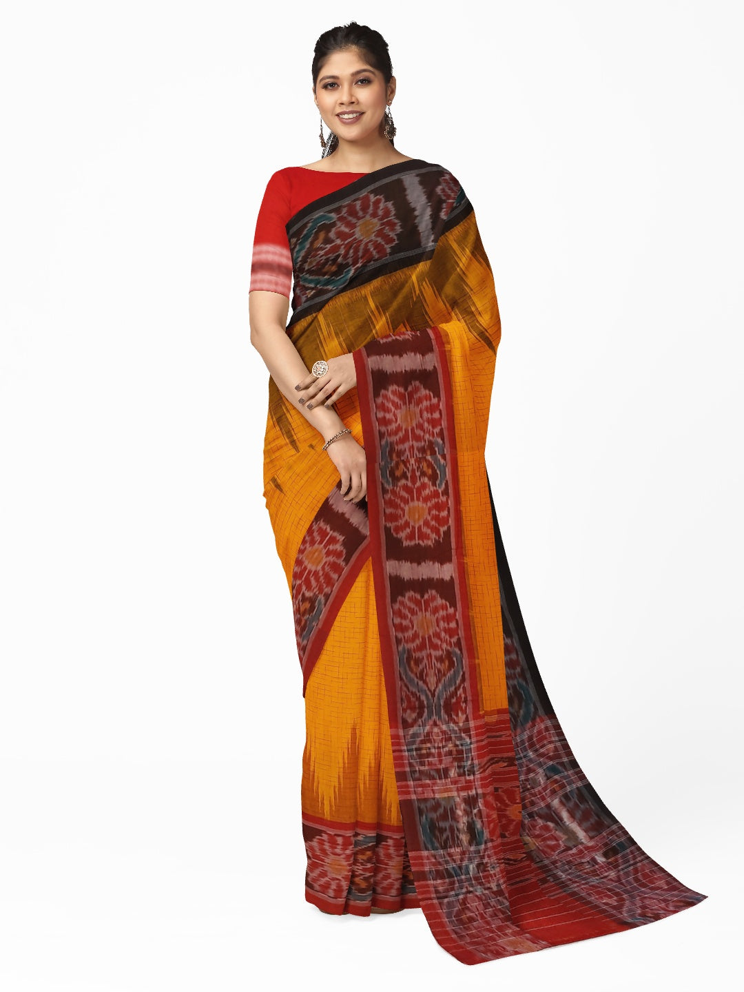 Yellow Gangajamuna border Cotton Odisha Ikat saree with mix match cotton ikat blouse