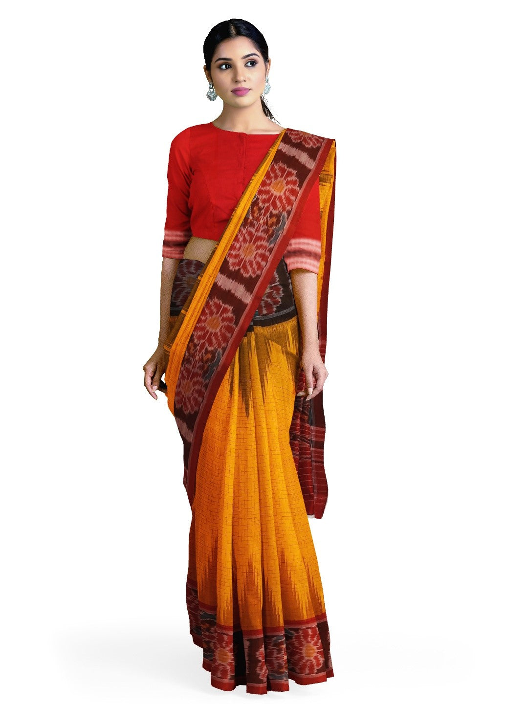 Yellow Gangajamuna border Cotton Odisha Ikat saree with mix match cotton ikat blouse