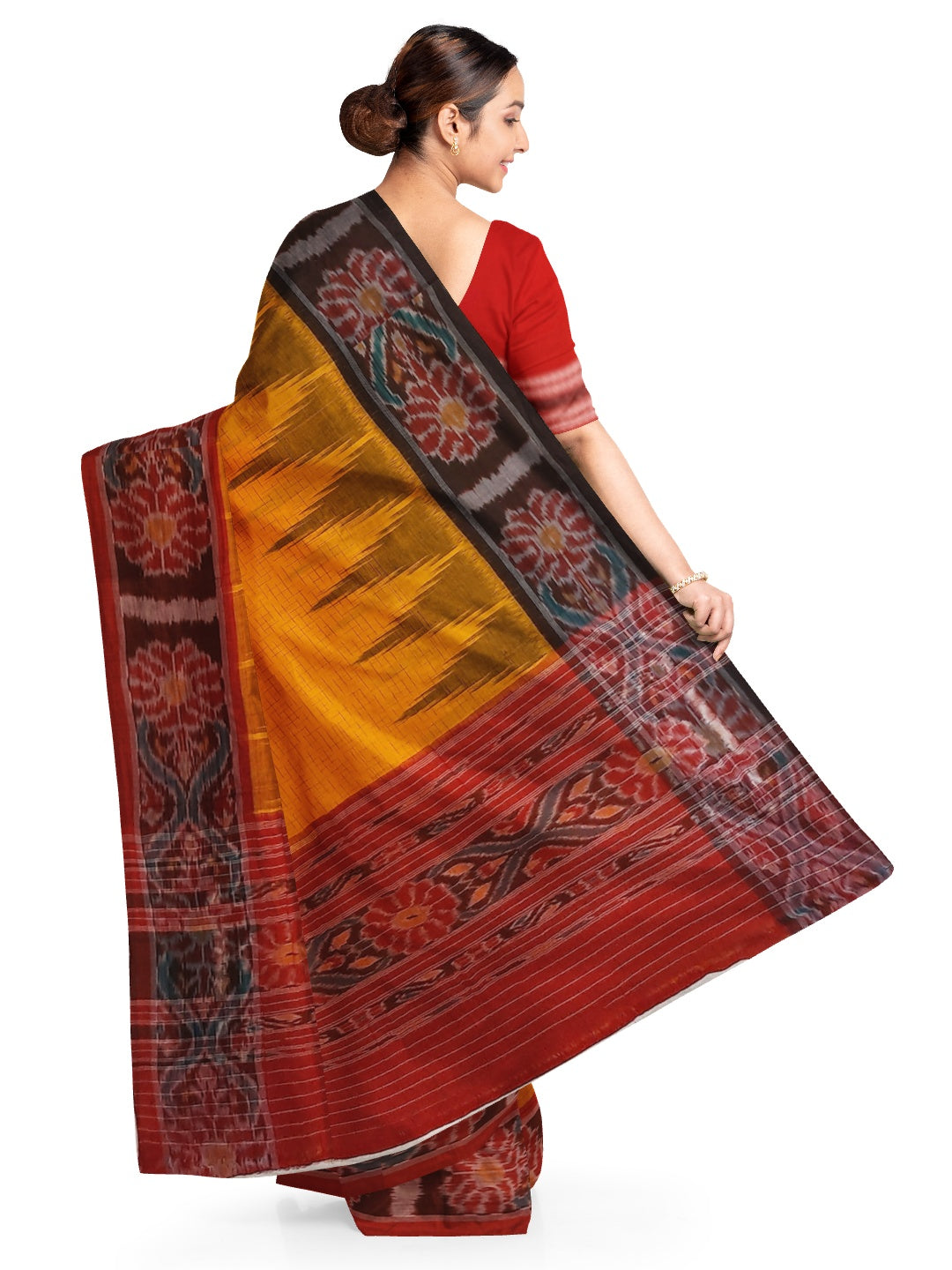 Yellow Gangajamuna border Cotton Odisha Ikat saree with mix match cotton ikat blouse