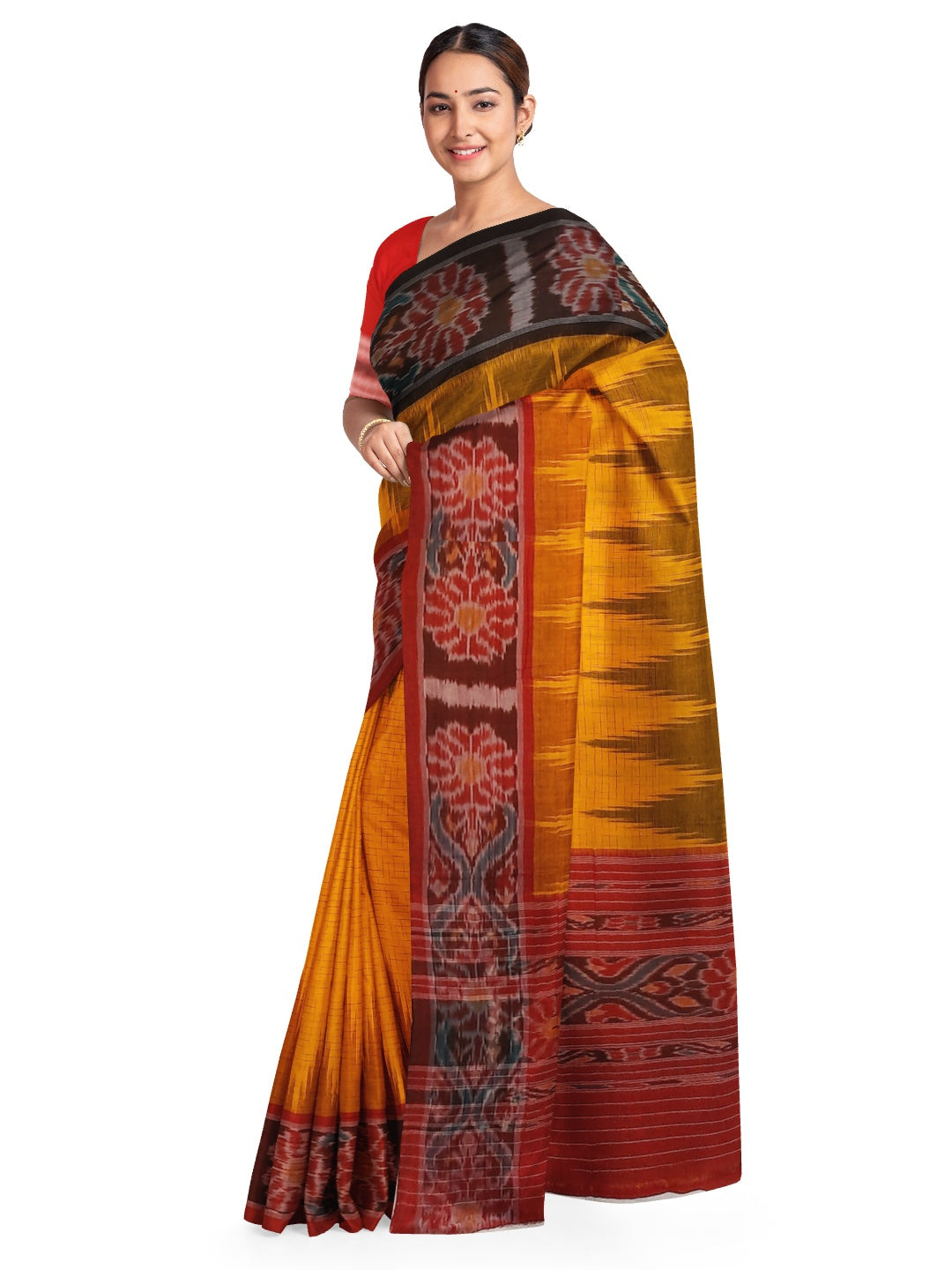Yellow Gangajamuna border Cotton Odisha Ikat saree with mix match cotton ikat blouse