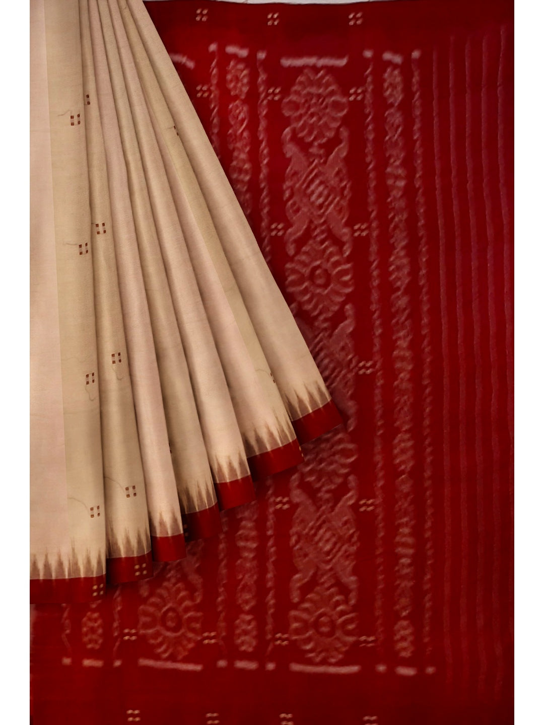 Beige with Maroon Cotton Odisha Ikat saree  with mix match cotton ikat blouse