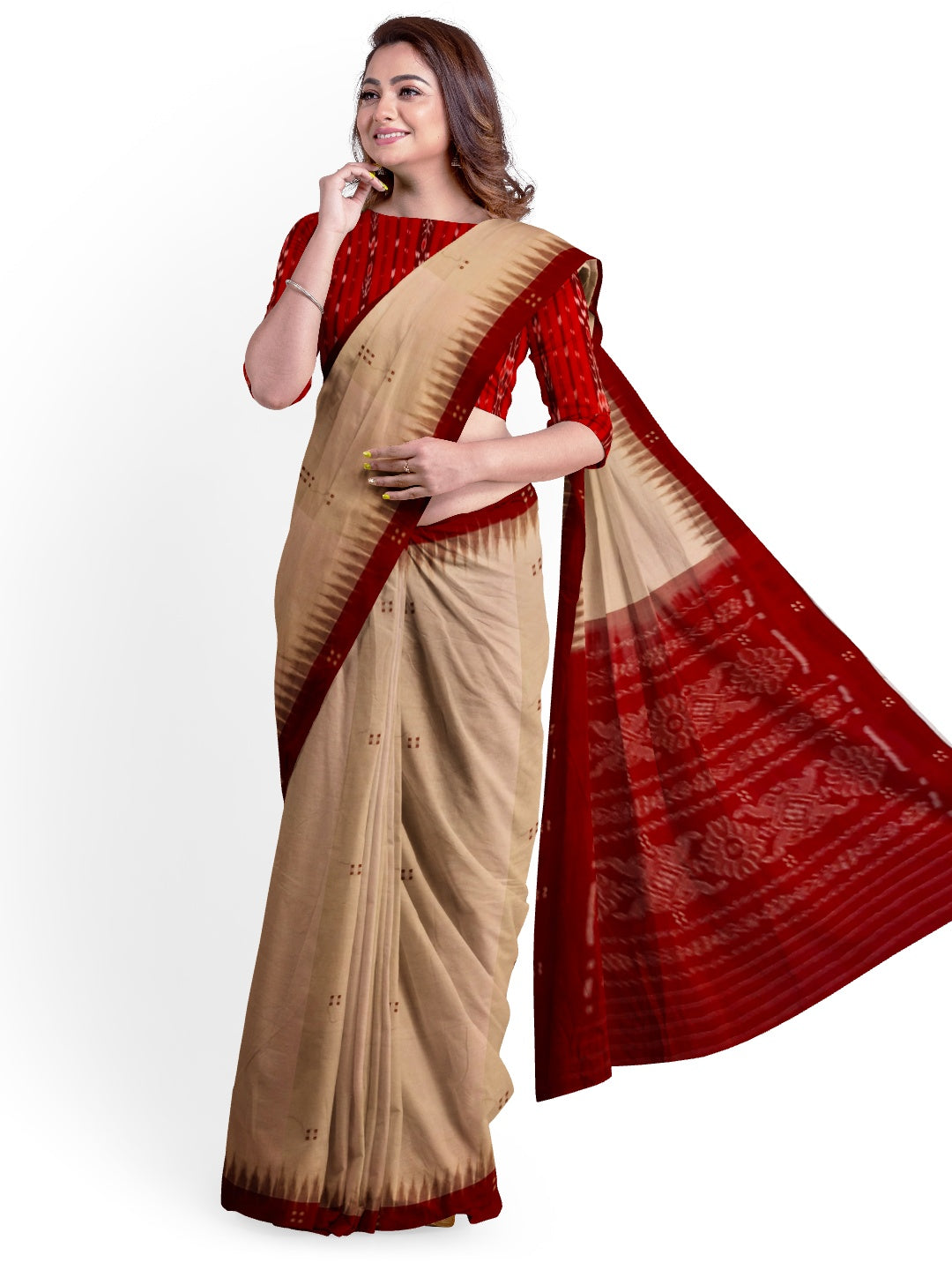 Beige with Maroon Cotton Odisha Ikat saree  with mix match cotton ikat blouse