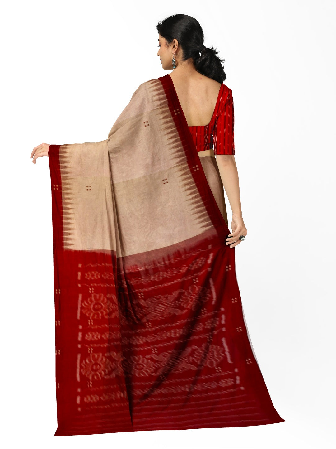 Beige with Maroon Cotton Odisha Ikat saree  with mix match cotton ikat blouse